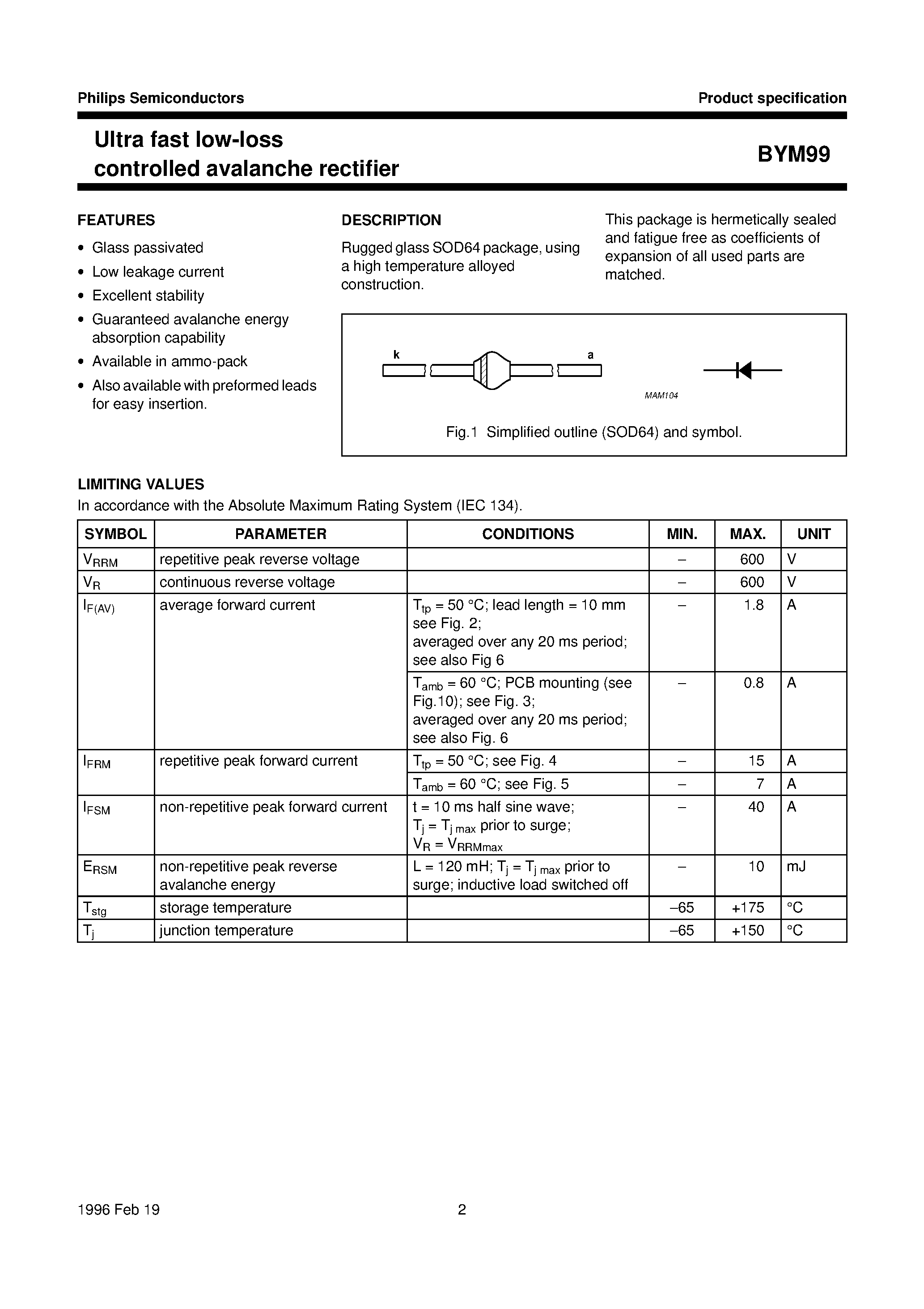 Datasheet BYM99 - Ultra fast low-loss controlled avalanche rectifier page 2