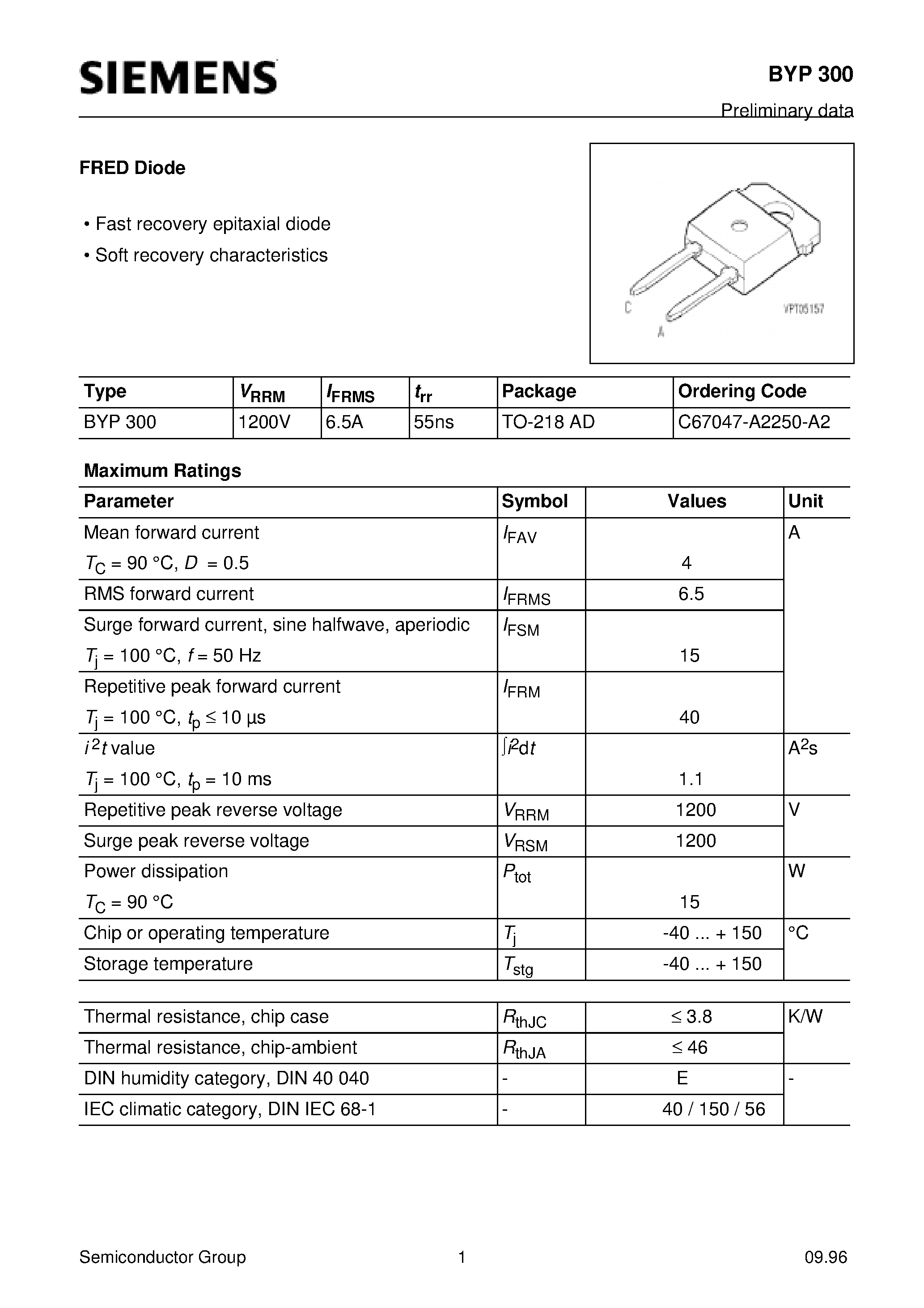 Datasheet BYP300 page 1 Datasheet BYP300 - FRED Diode (Fast recovery epitaxial diode Soft recovery characteristics) page 1