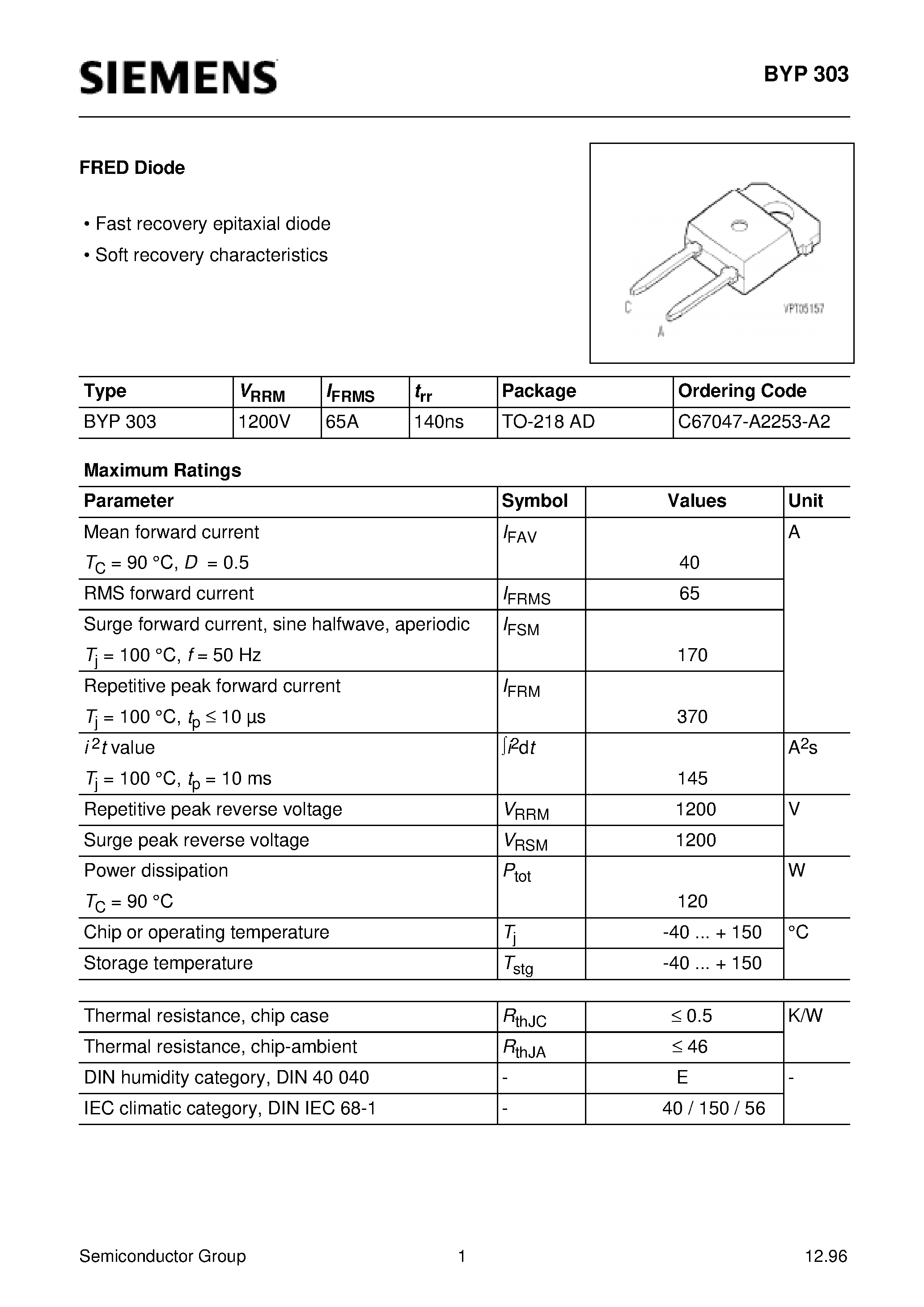 Datasheet BYP303 - FRED Diode (Fast recovery epitaxial diode Soft recovery characteristics) page 1