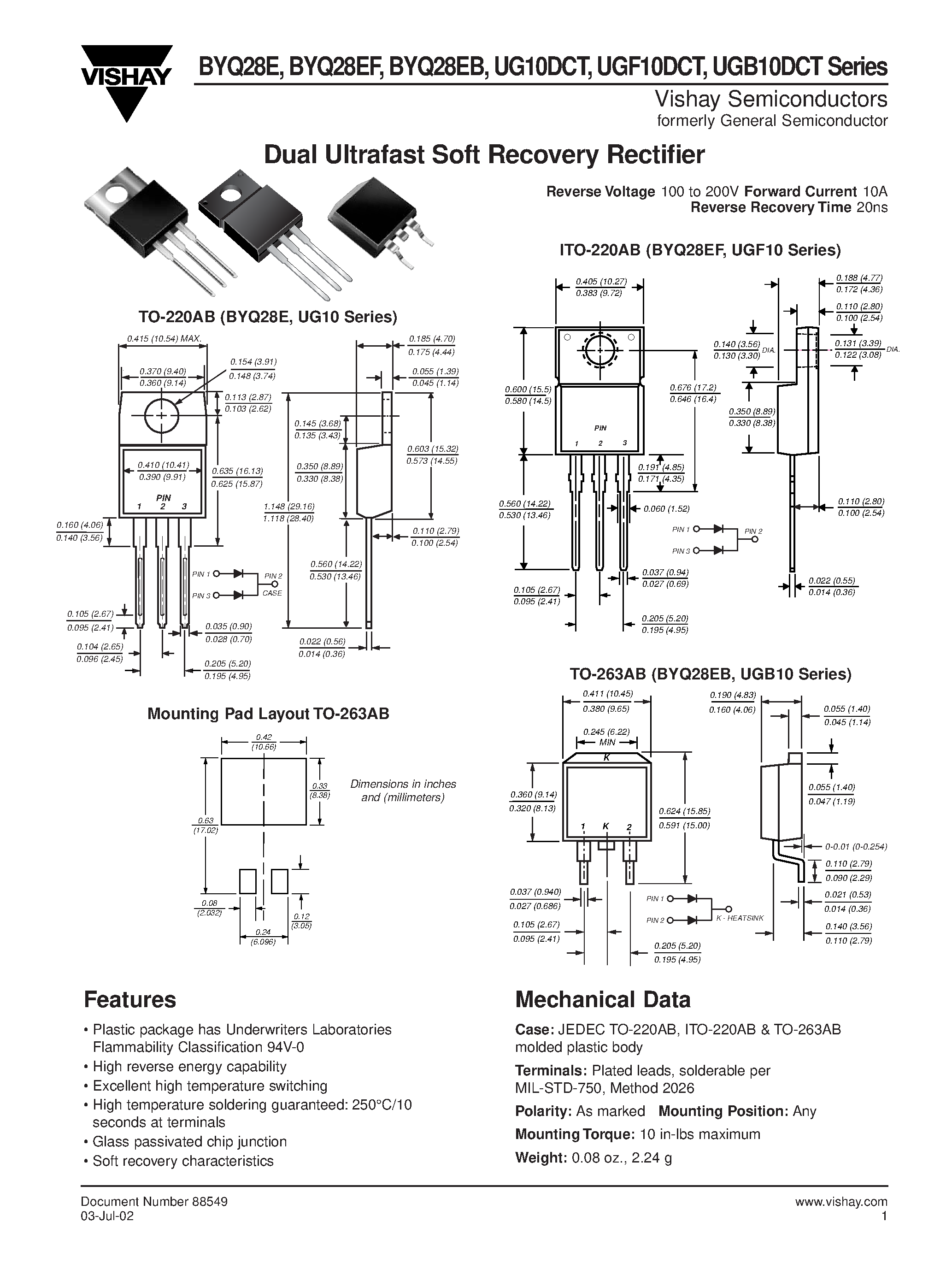 Datasheet BYQ28EB page 1 Datasheet BYQ28EB - Dual Ultrafast Soft Recovery Rectifier page 1