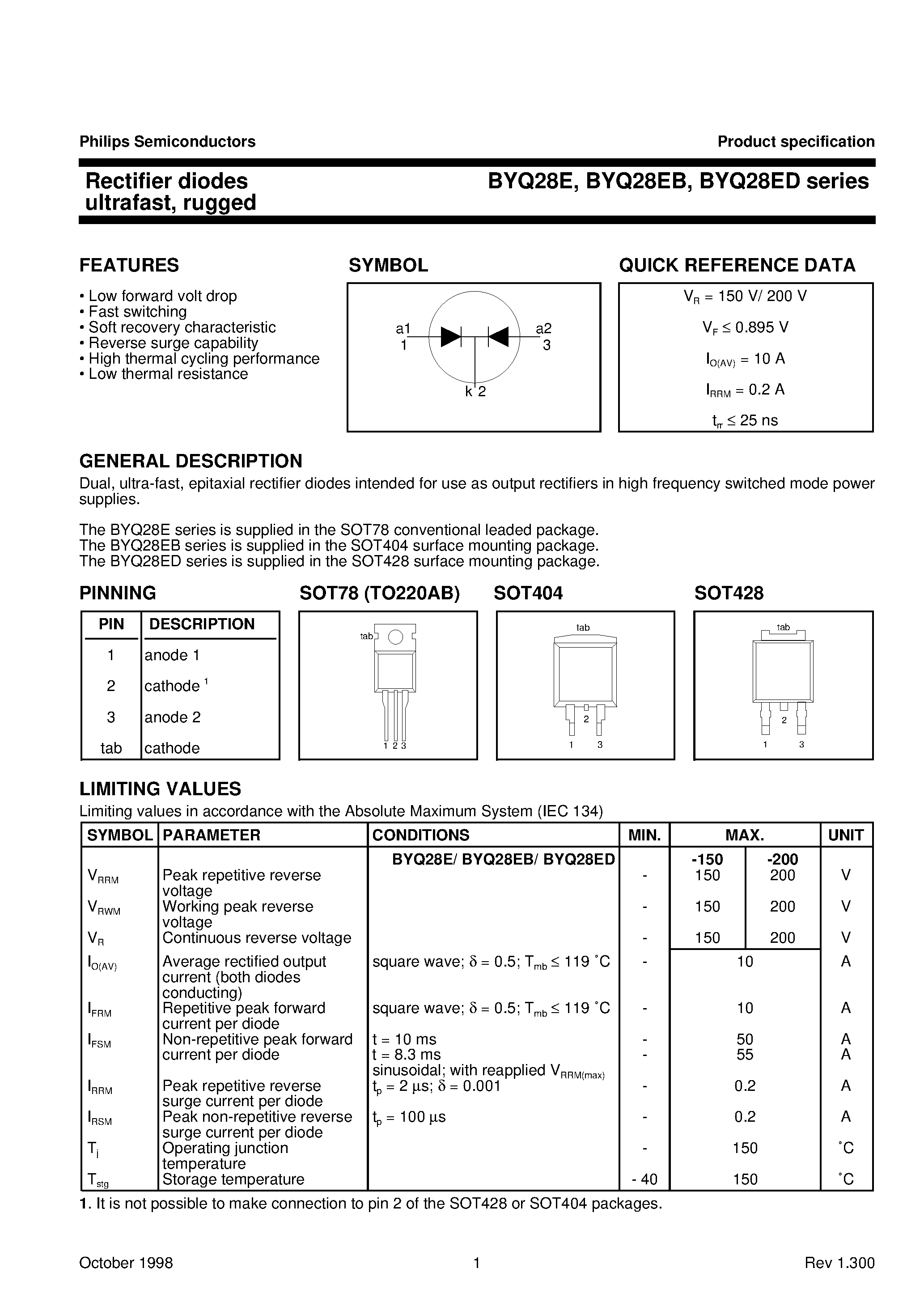 Datasheet BYQ28ED-150 page 1 Datasheet BYQ28ED-150 - Rectifier diodes ultrafast/ rugged page 1