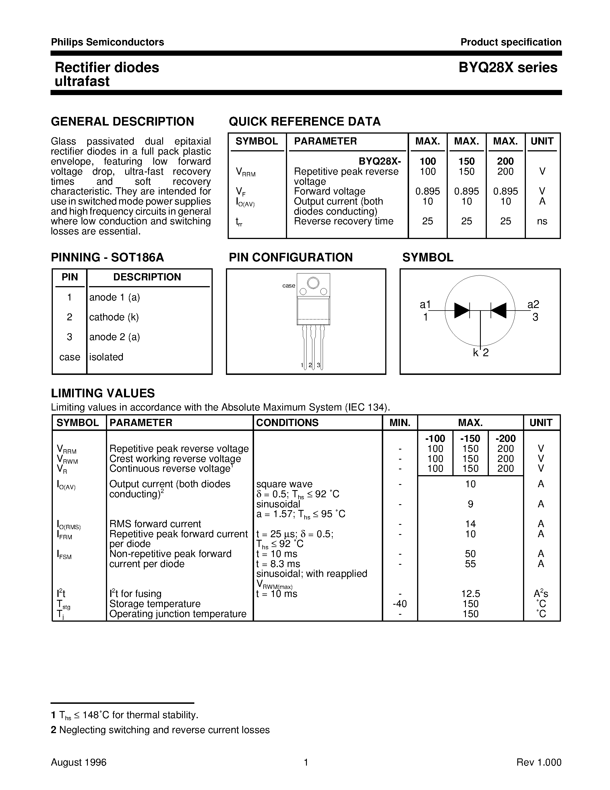Даташит на микросхему BYQ28X-200 страница 1 Даташит BYQ28X-200 - Rectifier diodes ultrafast страница 1