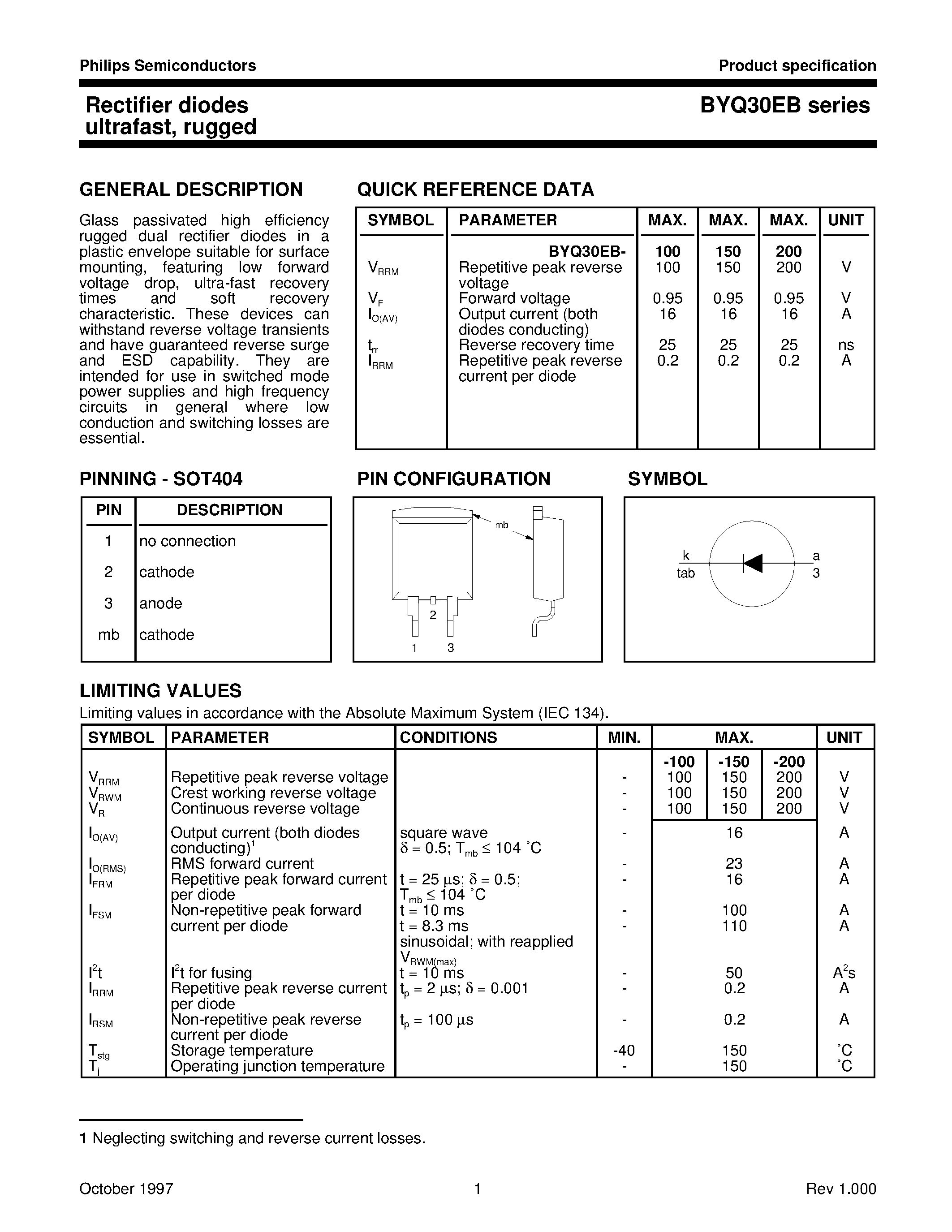 Datasheet BYQ30EB-100 page 1 Datasheet BYQ30EB-100 - Rectifier diodes ultrafast/ rugged page 1