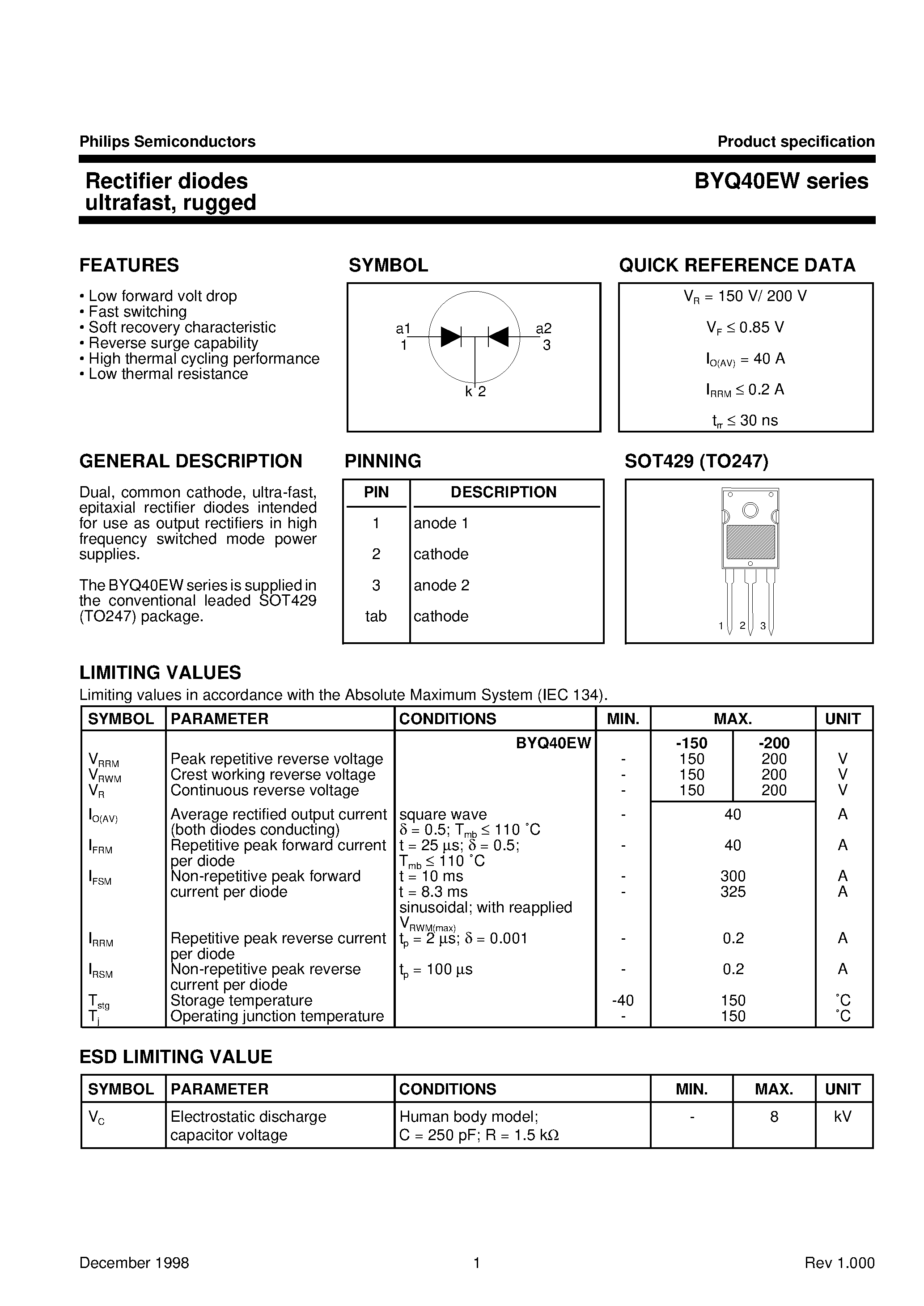 Datasheet BYQ40EW-200 - Rectifier diodes ultrafast/ rugged page 1