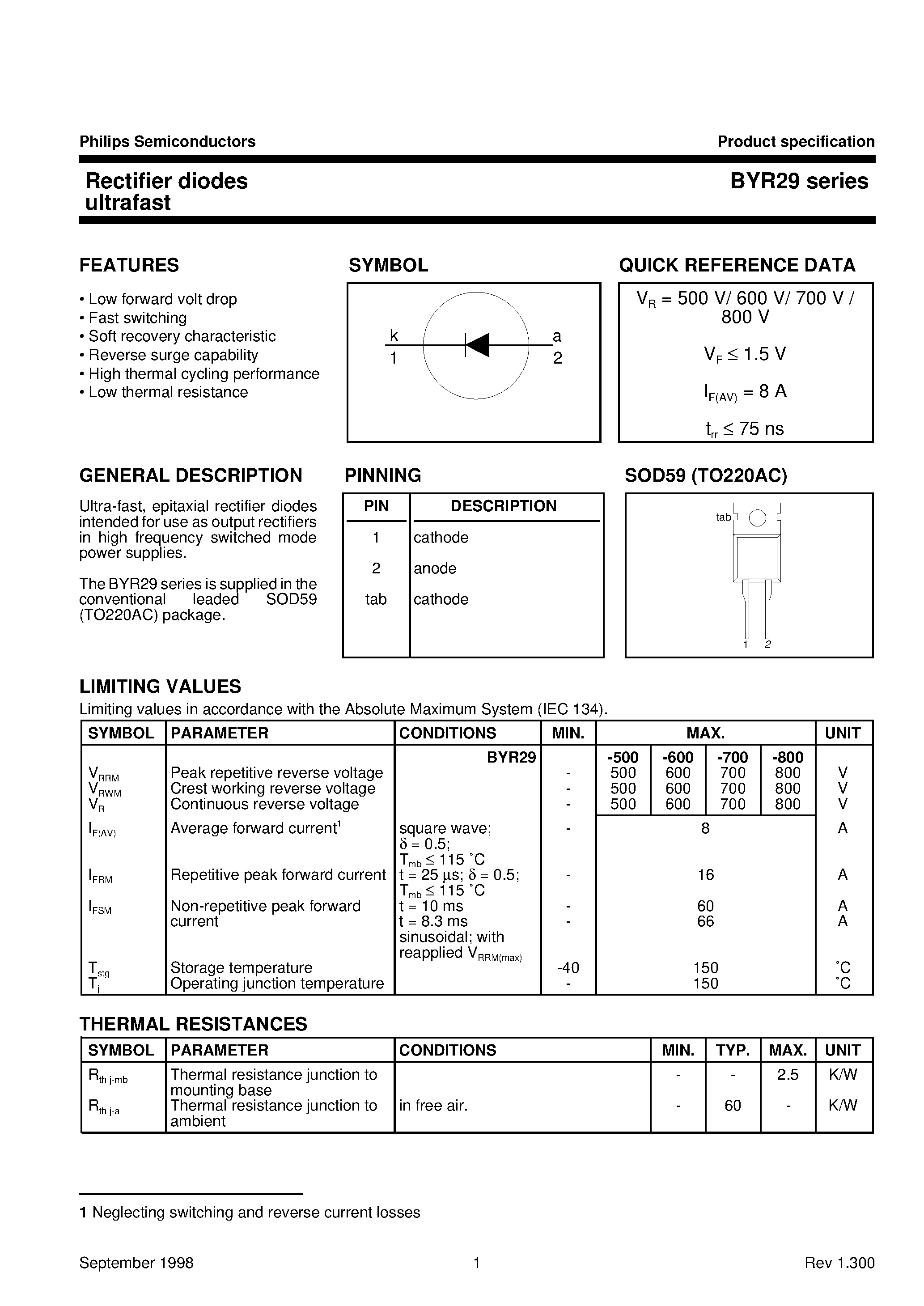 Datasheet BYR29-800 page 1 Datasheet BYR29-800 - Rectifier diodes ultrafast page 1