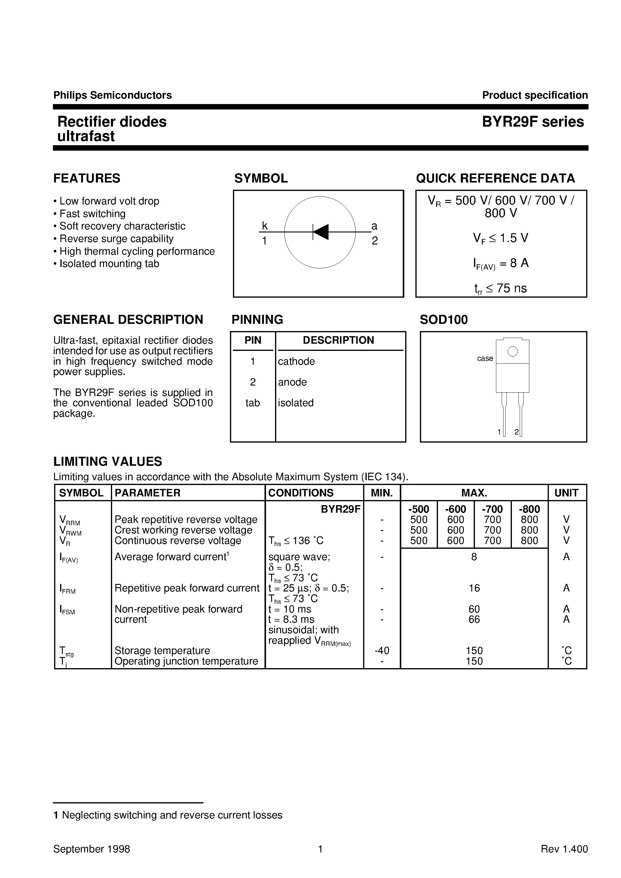 Datasheet BYR29F-500 page 1 Datasheet BYR29F-500 - Rectifier diodes ultrafast page 1