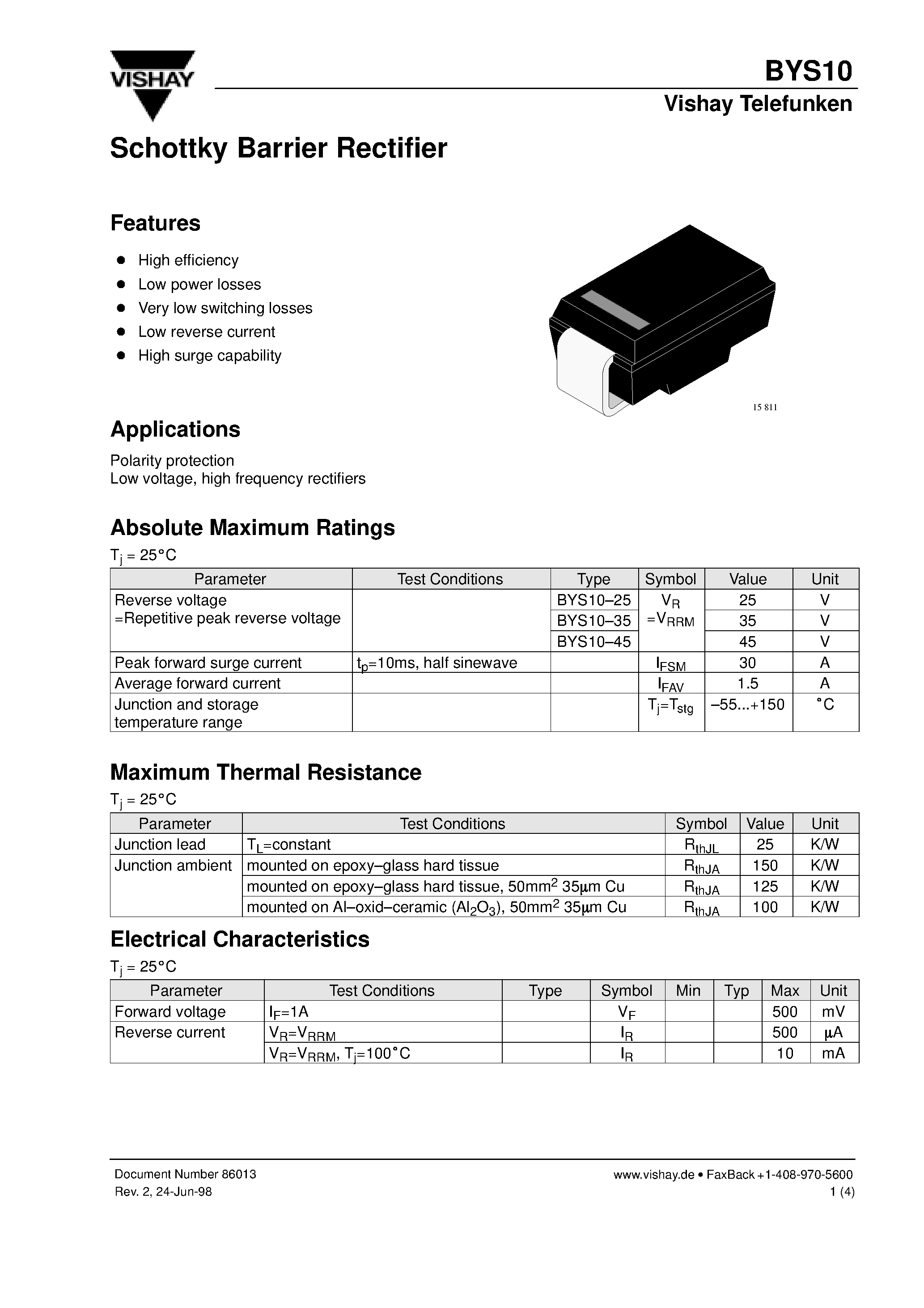 Datasheet BYS10-45 - Schottky Barrier Rectifier page 1