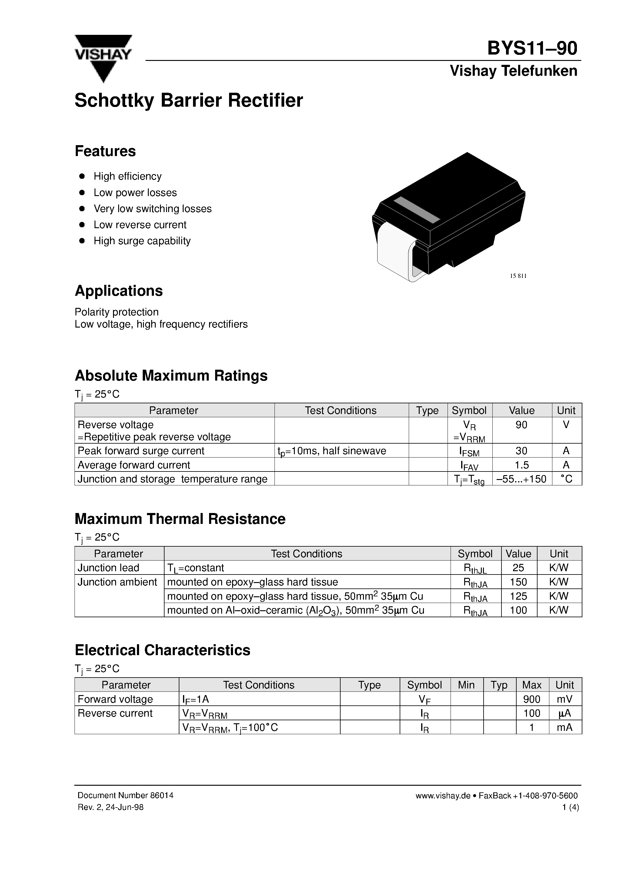 Datasheet BYS1190 - Schottky Barrier Rectifier page 1