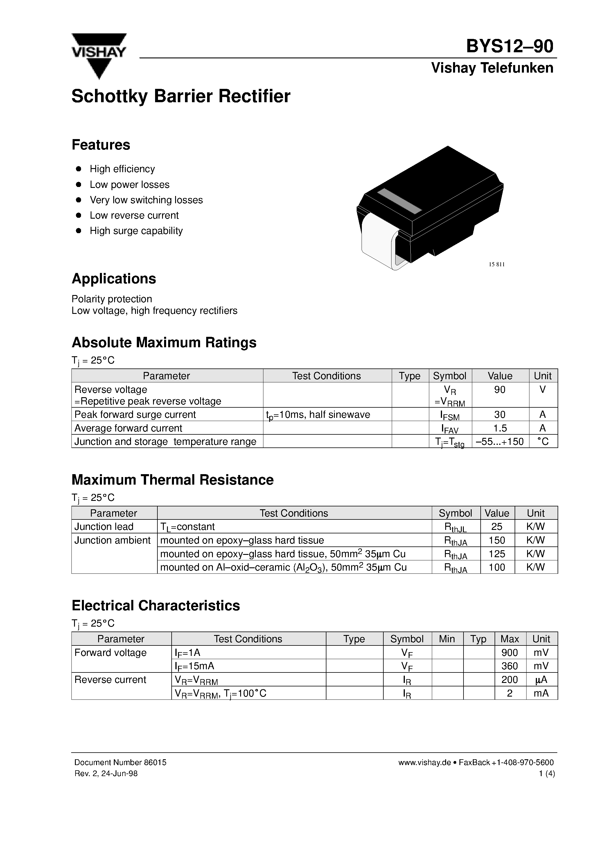 Datasheet BYS1290 - Schottky Barrier Rectifier page 1