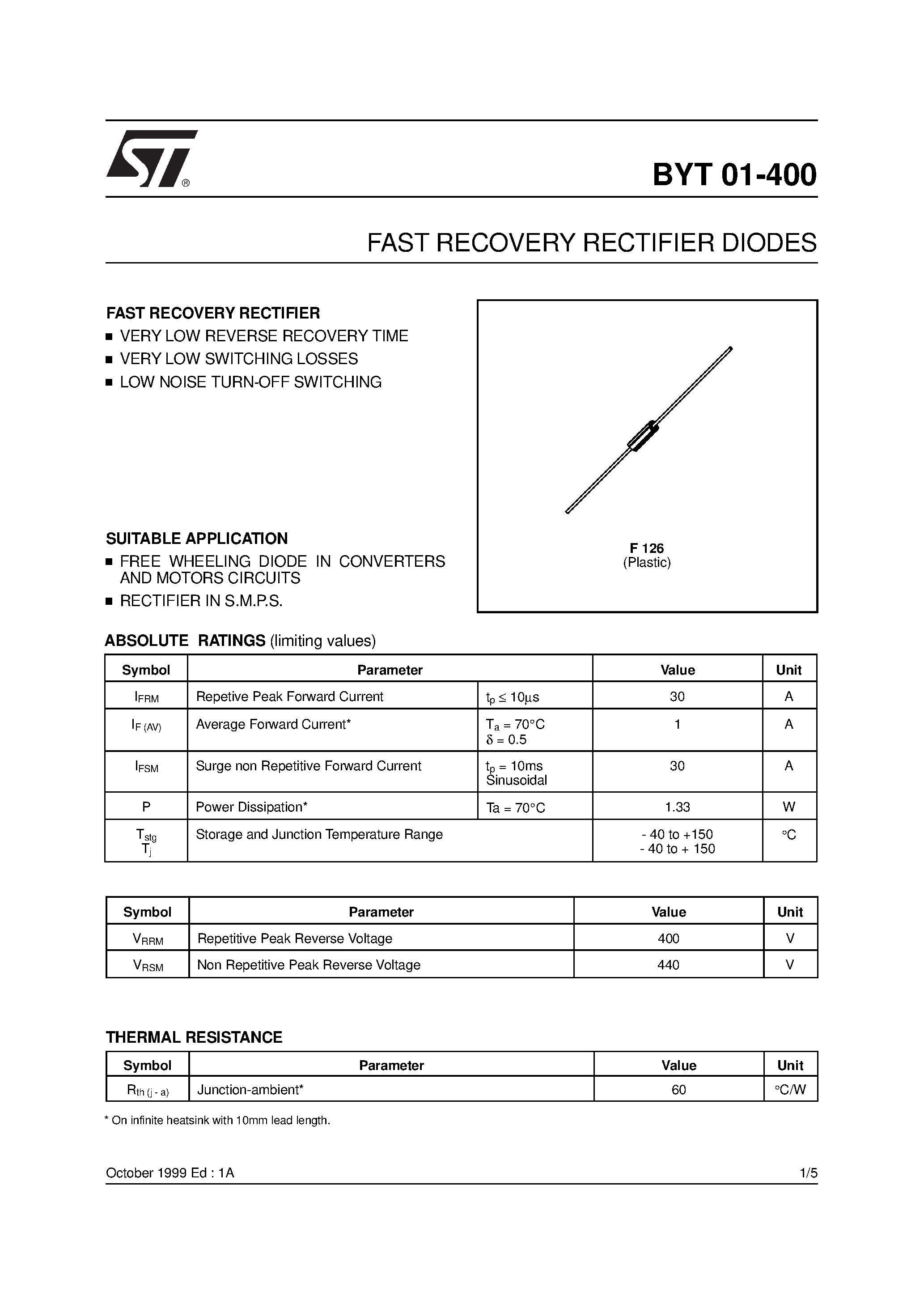 Datasheet BYT01-400 page 1 Datasheet BYT01-400 - FAST RECOVERY RECTIFIER DIODES page 1