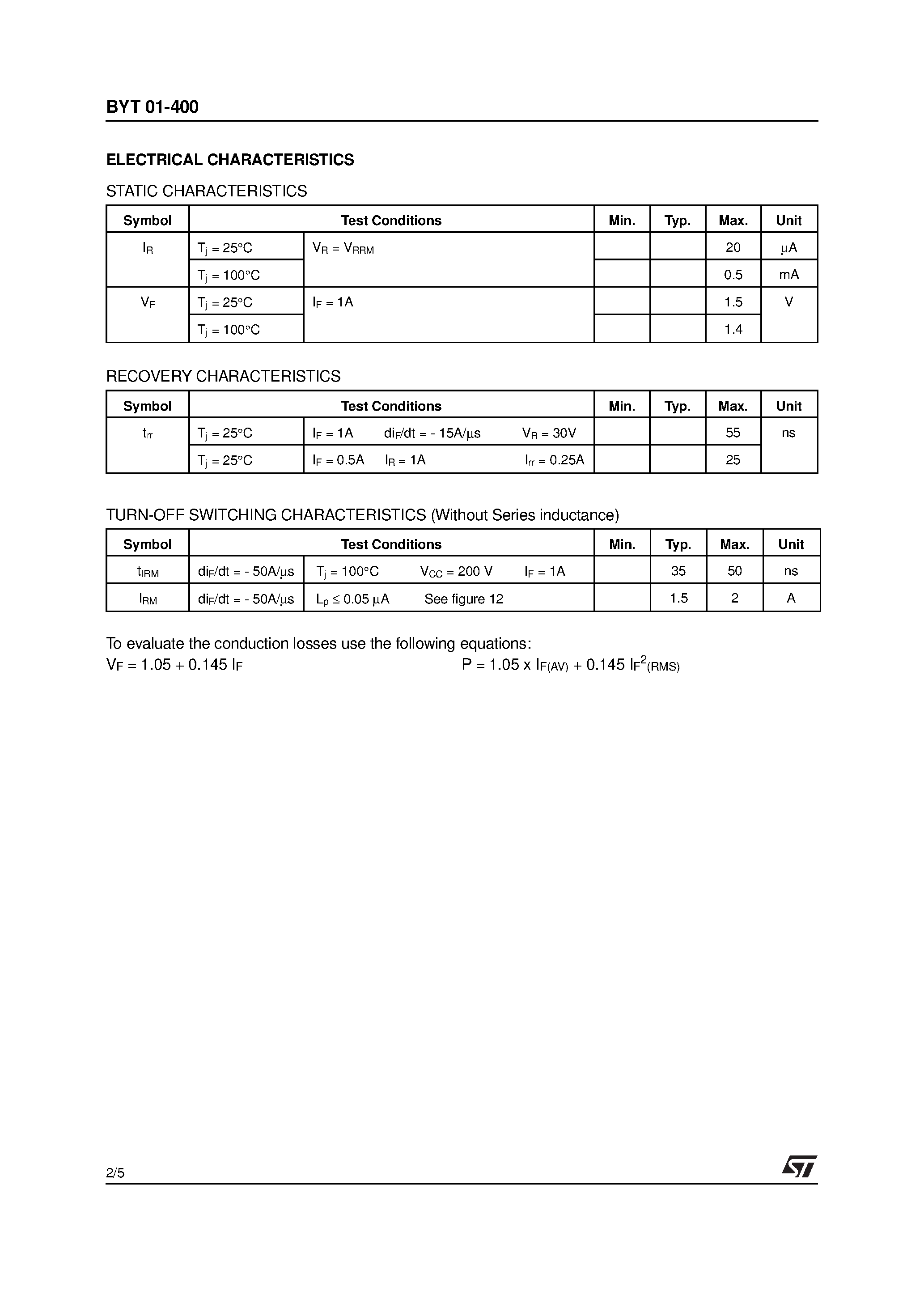 Datasheet BYT01-400 page 2 Datasheet BYT01-400 - FAST RECOVERY RECTIFIER DIODES page 2