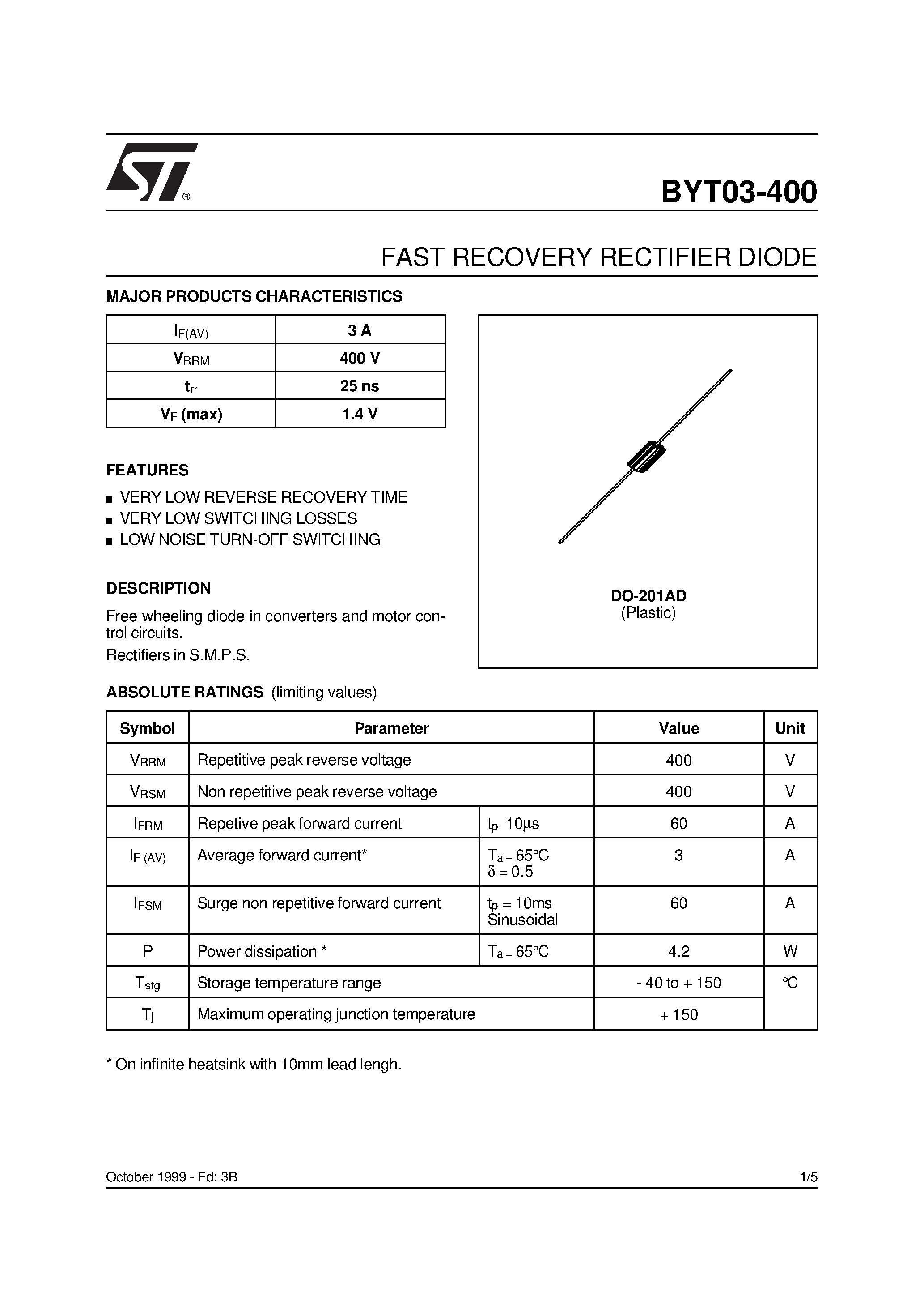 Datasheet BYT03-400 page 1 Datasheet BYT03-400 - FAST RECOVERY RECTIFIER DIODE page 1