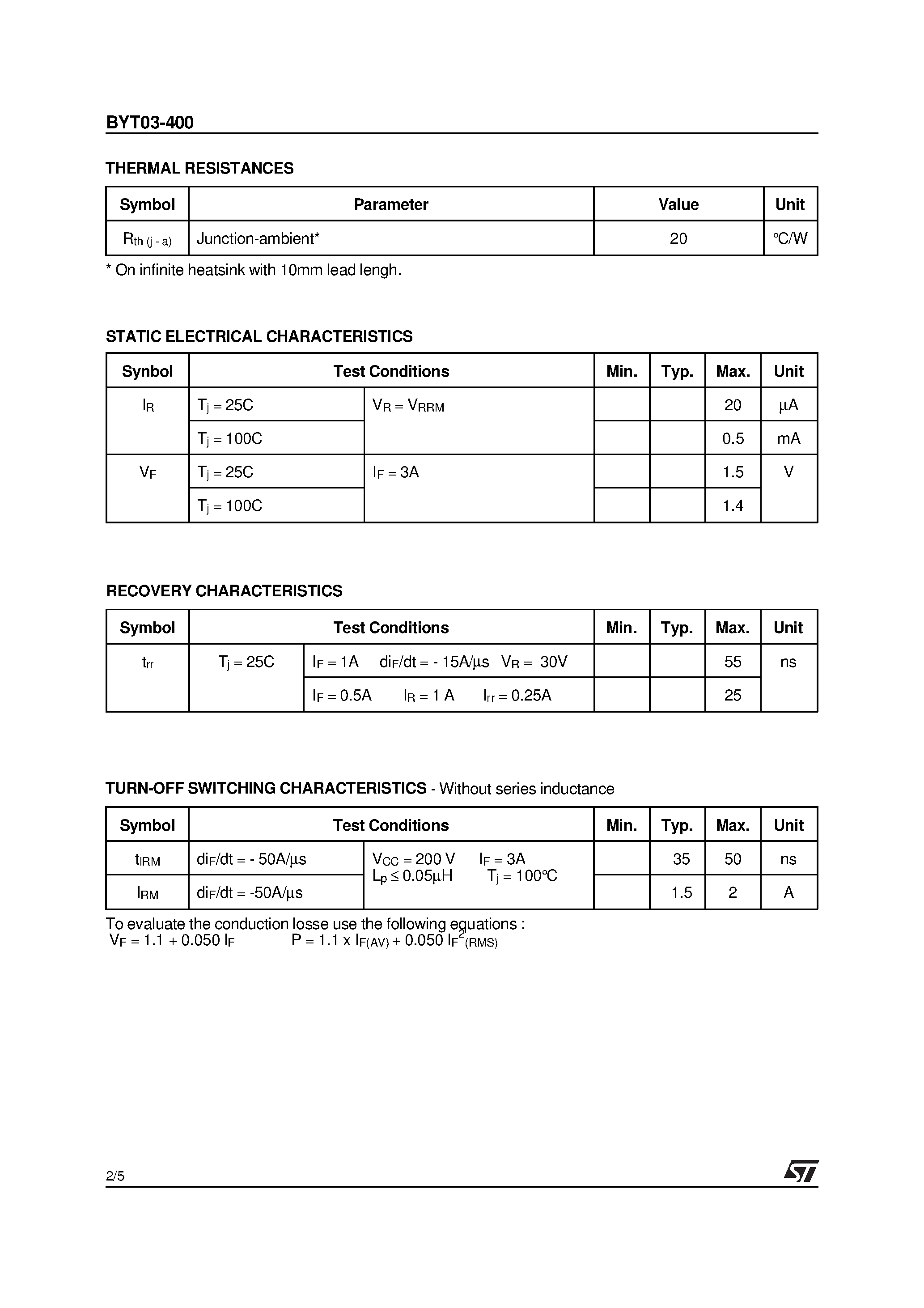 Datasheet BYT03-400 page 2 Datasheet BYT03-400 - FAST RECOVERY RECTIFIER DIODE page 2