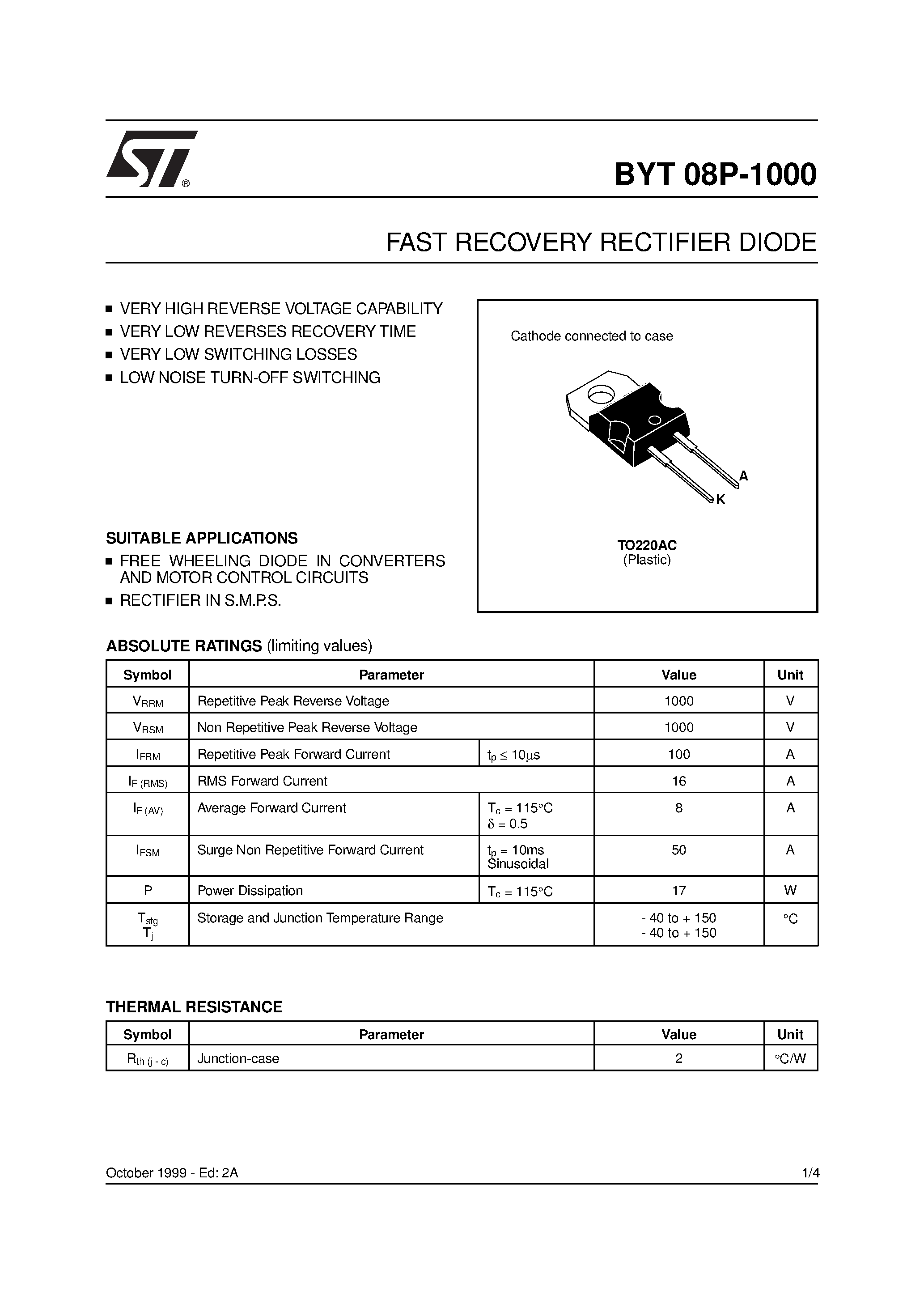 Datasheet BYT08 - FAST RECOVERY RECTIFIER DIODES page 1