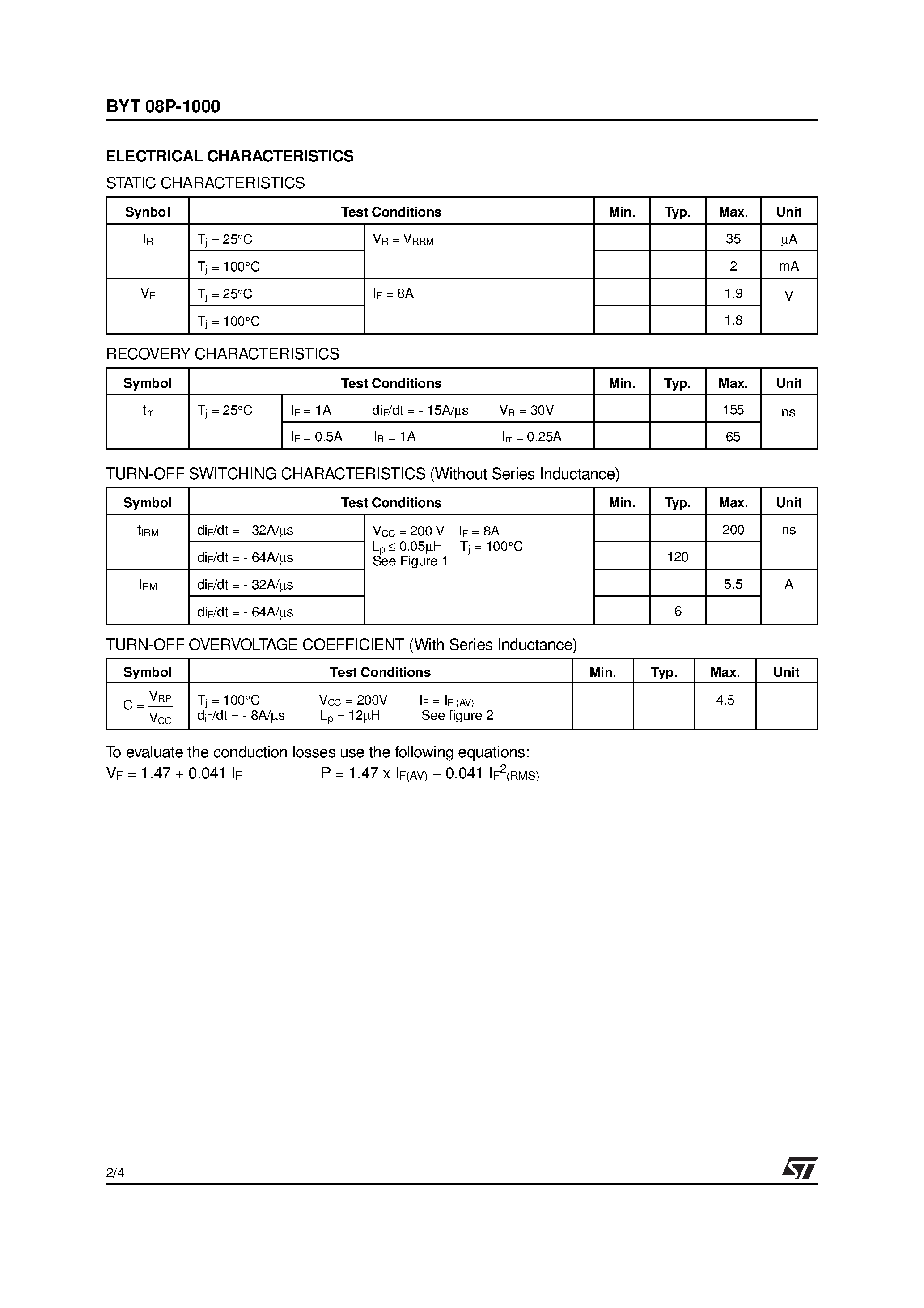 Datasheet BYT08 page 2 Datasheet BYT08 - FAST RECOVERY RECTIFIER DIODES page 2
