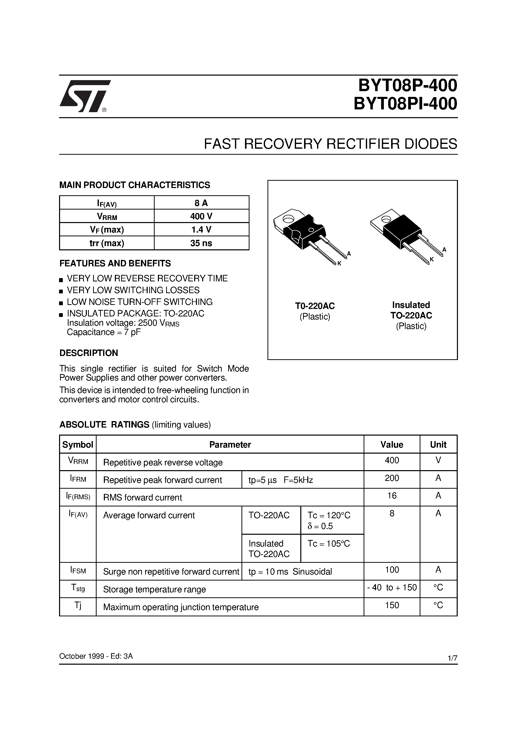 Datasheet BYT08P-400 page 1 Datasheet BYT08P-400 - FAST RECOVERY RECTIFIER DIODES page 1