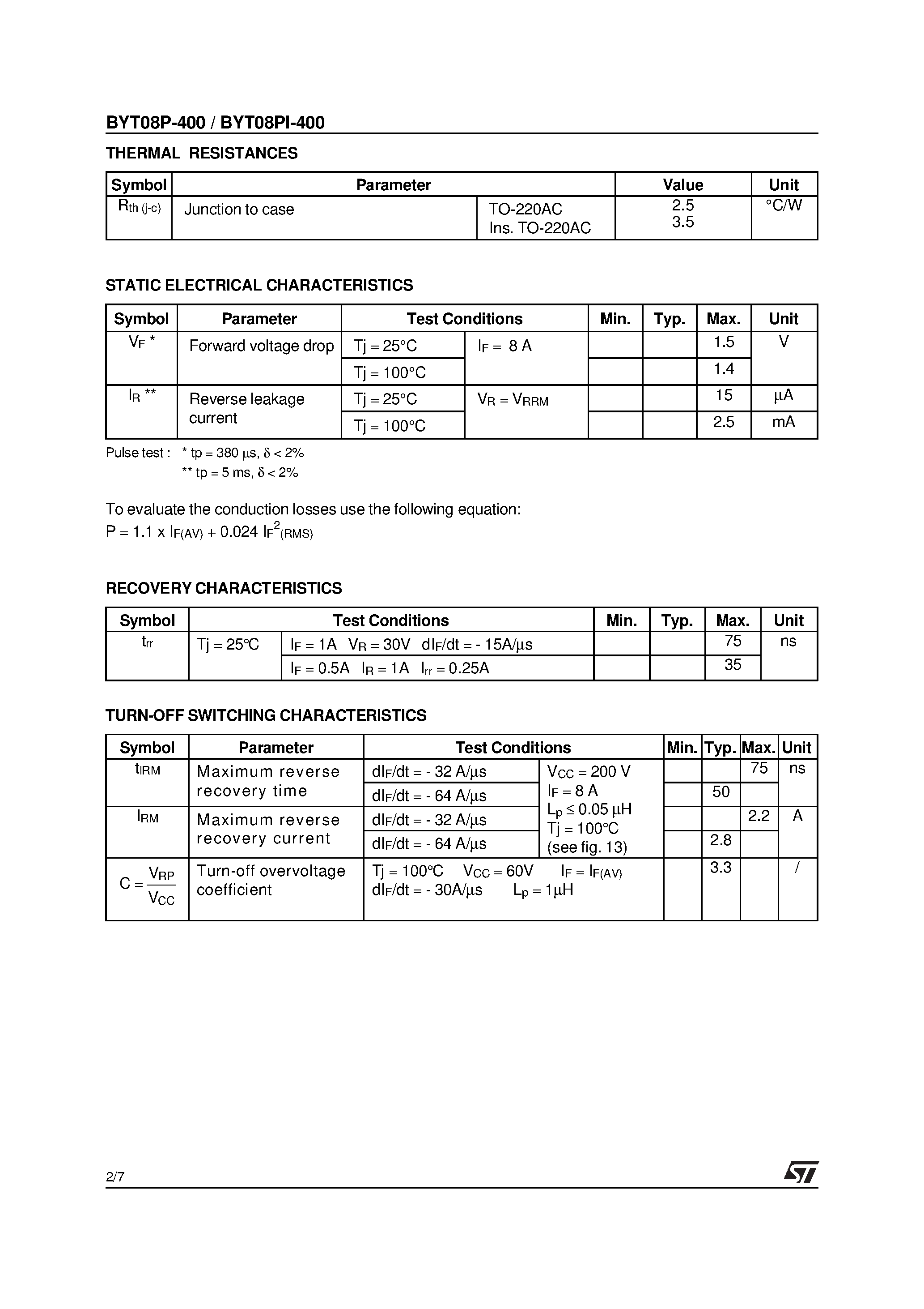 Datasheet BYT08P-400 page 2 Datasheet BYT08P-400 - FAST RECOVERY RECTIFIER DIODES page 2
