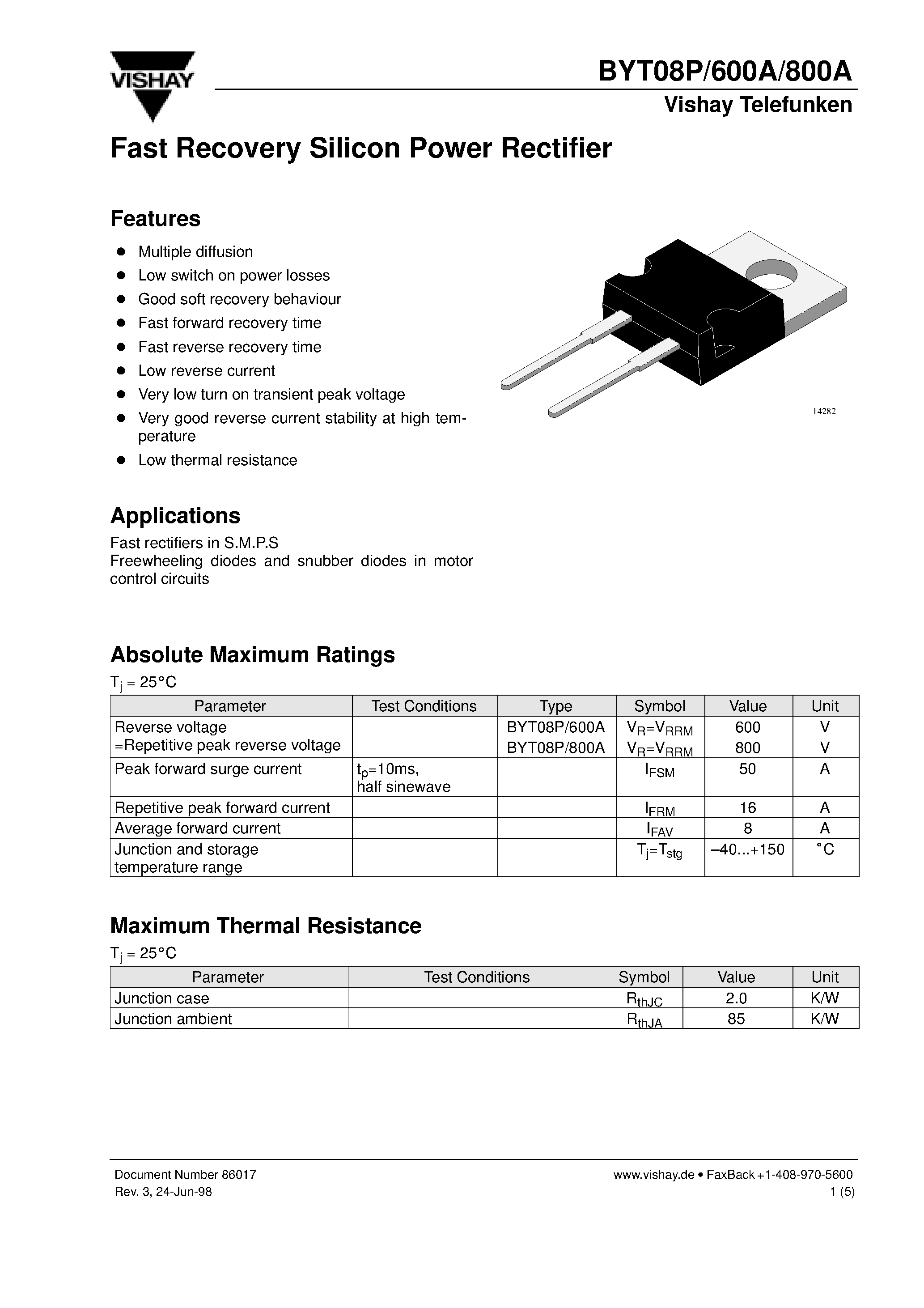 Datasheet BYT08P600A - Fast Recovery Silicon Power Rectifier page 1