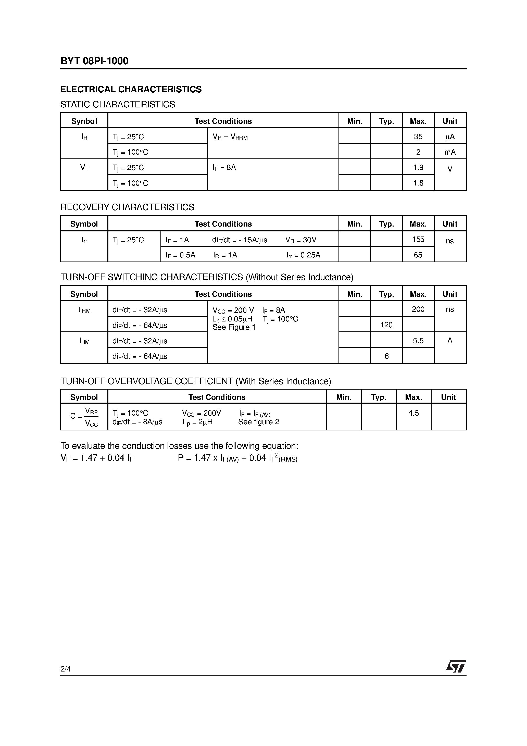 Datasheet BYT08PI-1000 page 2 Datasheet BYT08PI-1000 - FAST RECOVERY RECTIFIER DIODE page 2