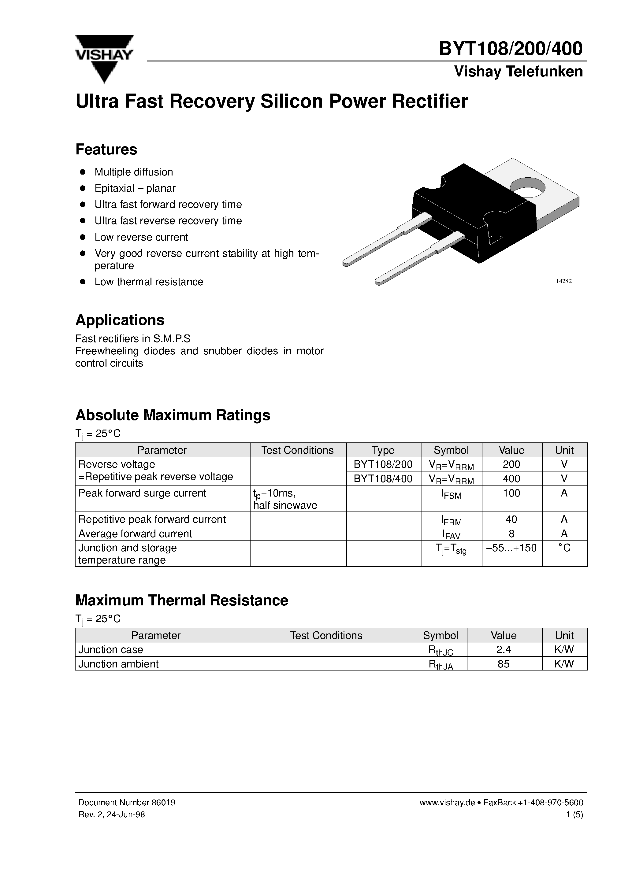 Datasheet BYT108-200 page 1 Datasheet BYT108-200 - Ultra Fast Recovery Silicon Power Rectifier page 1