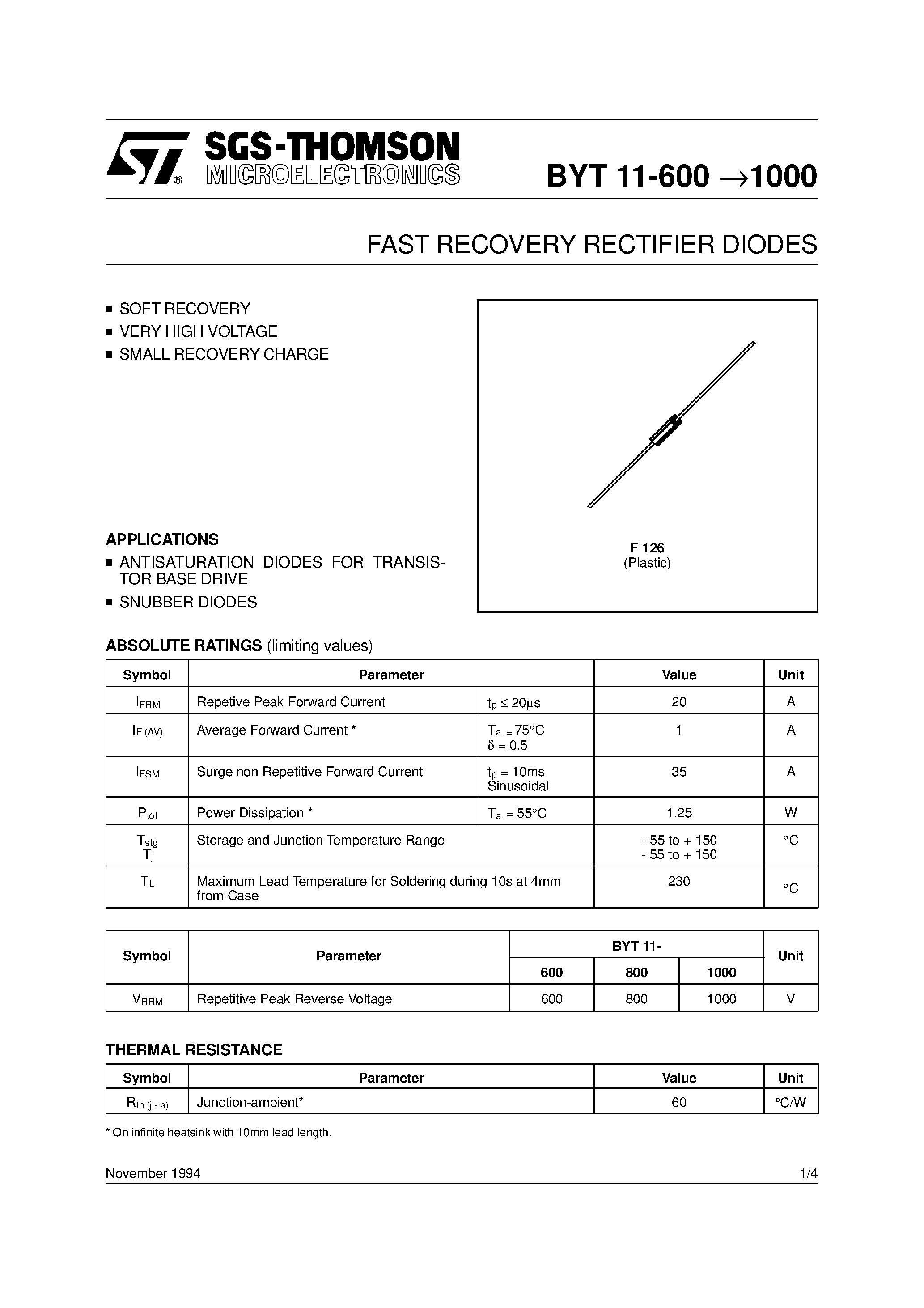 Datasheet BYT11-600 page 1 Datasheet BYT11-600 - FAST RECOVERY RECTIFIER DIODES page 1