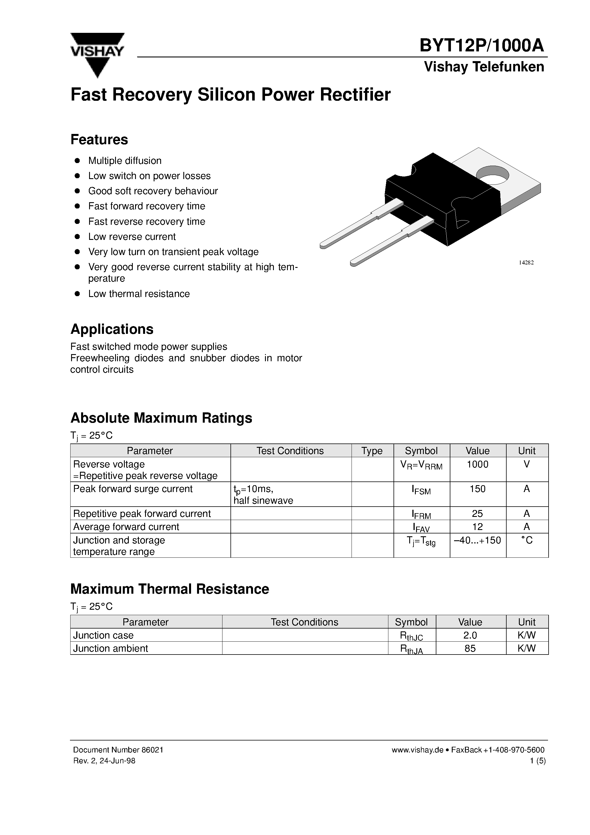 Datasheet BYT12P page 1 Datasheet BYT12P - Fast Recovery Silicon Power Rectifier page 1
