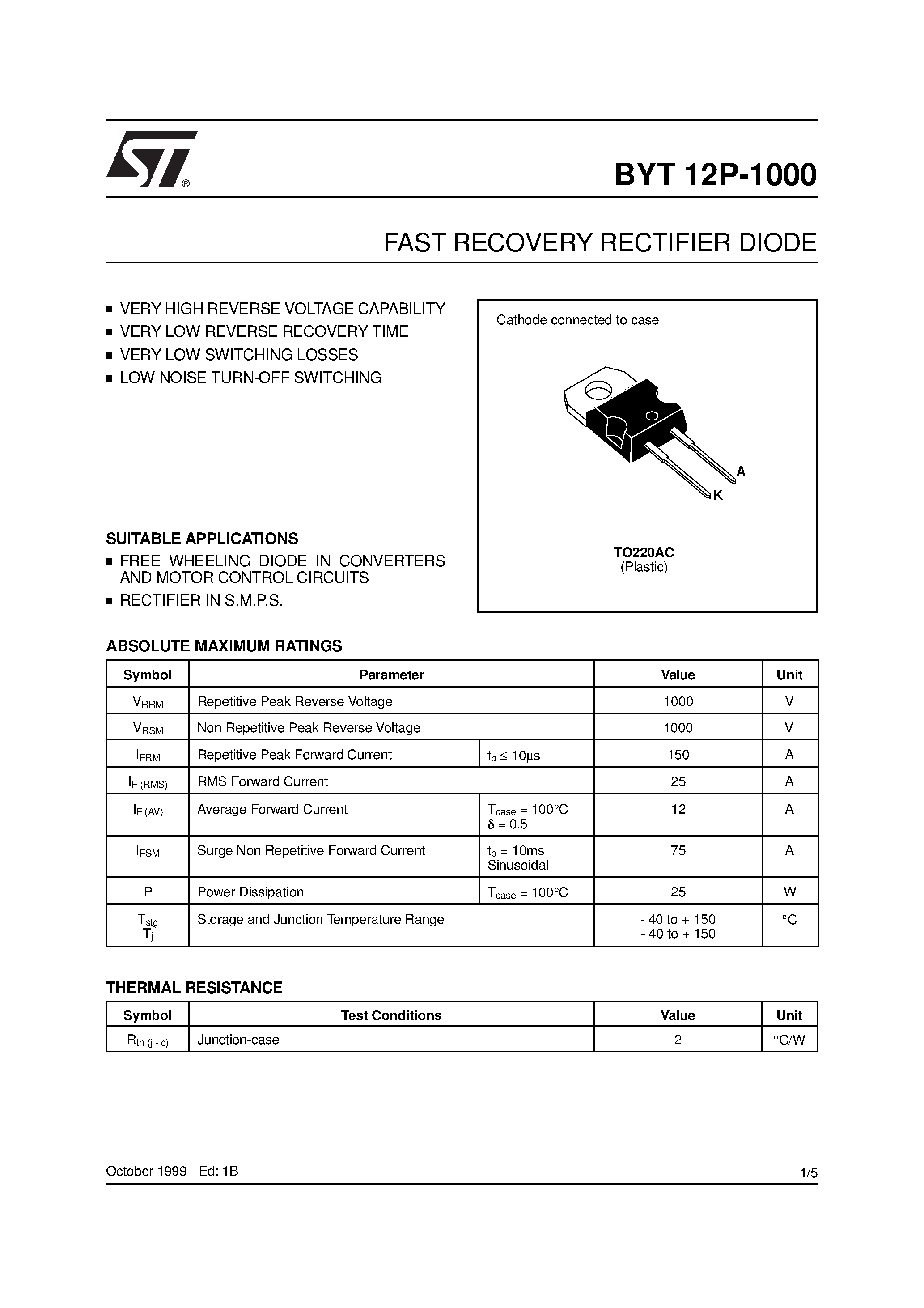 Datasheet BYT12P-1000 page 1 Datasheet BYT12P-1000 - FAST RECOVERY RECTIFIER DIODE page 1