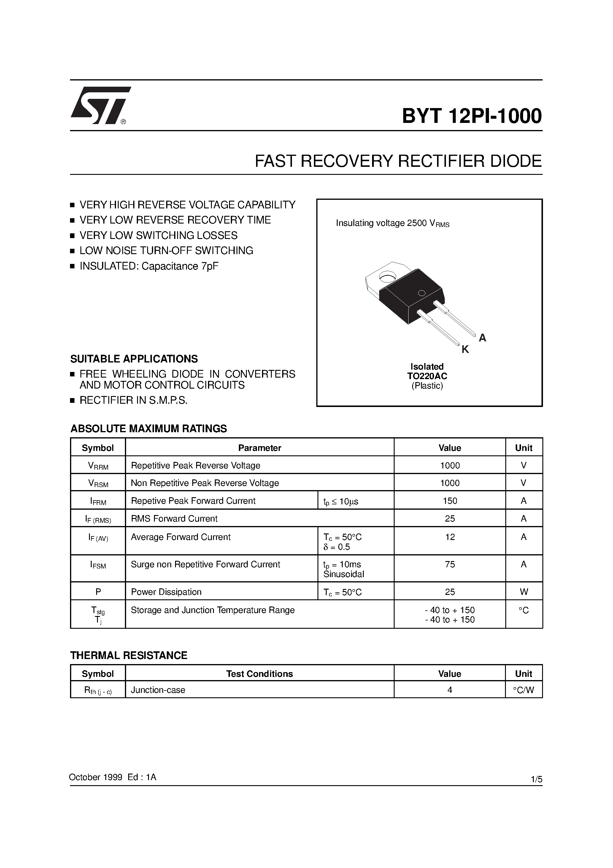 Datasheet BYT12PI-1000 page 1 Datasheet BYT12PI-1000 - FAST RECOVERY RECTIFIER DIODE page 1