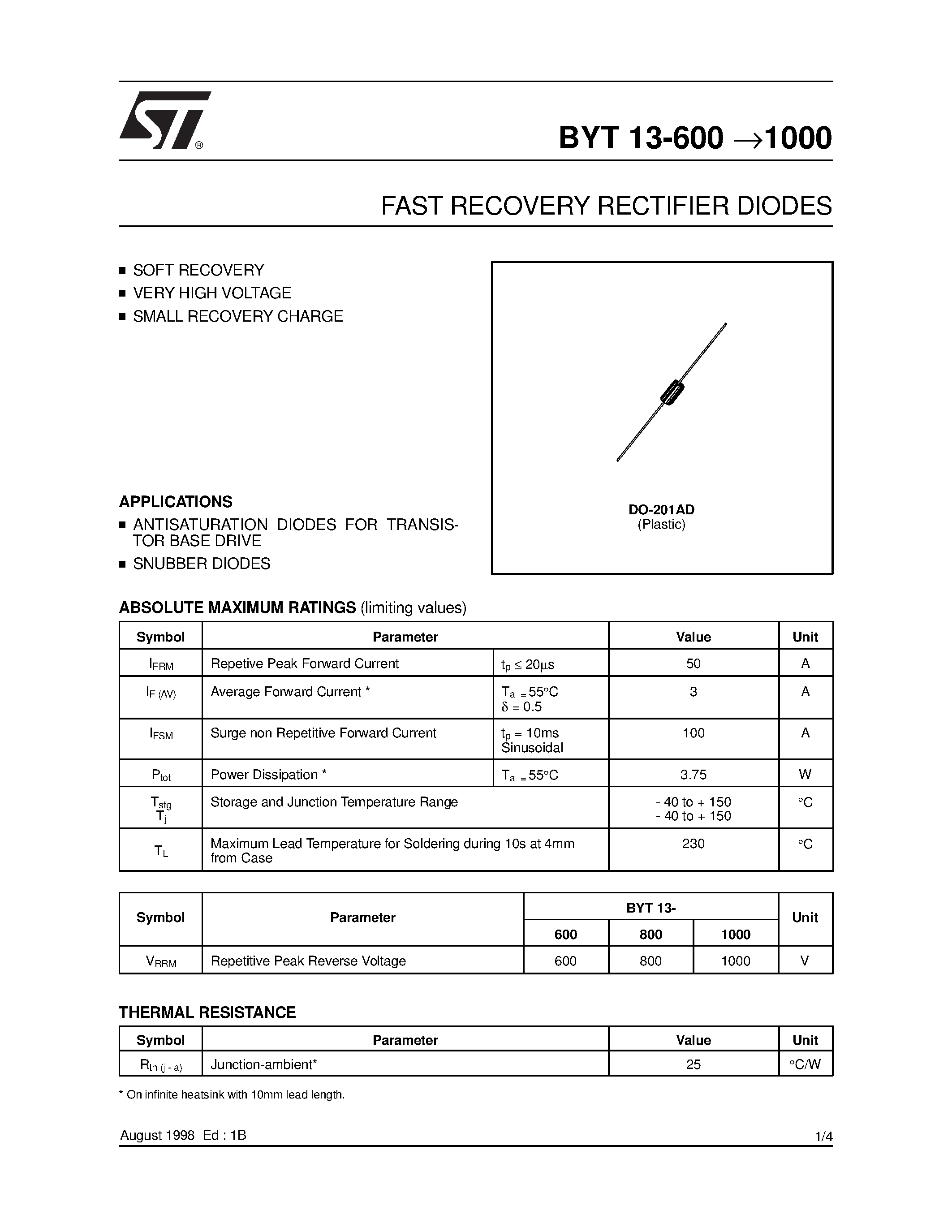 Datasheet BYT13-600 page 1 Datasheet BYT13-600 - FAST RECOVERY RECTIFIER DIODES page 1