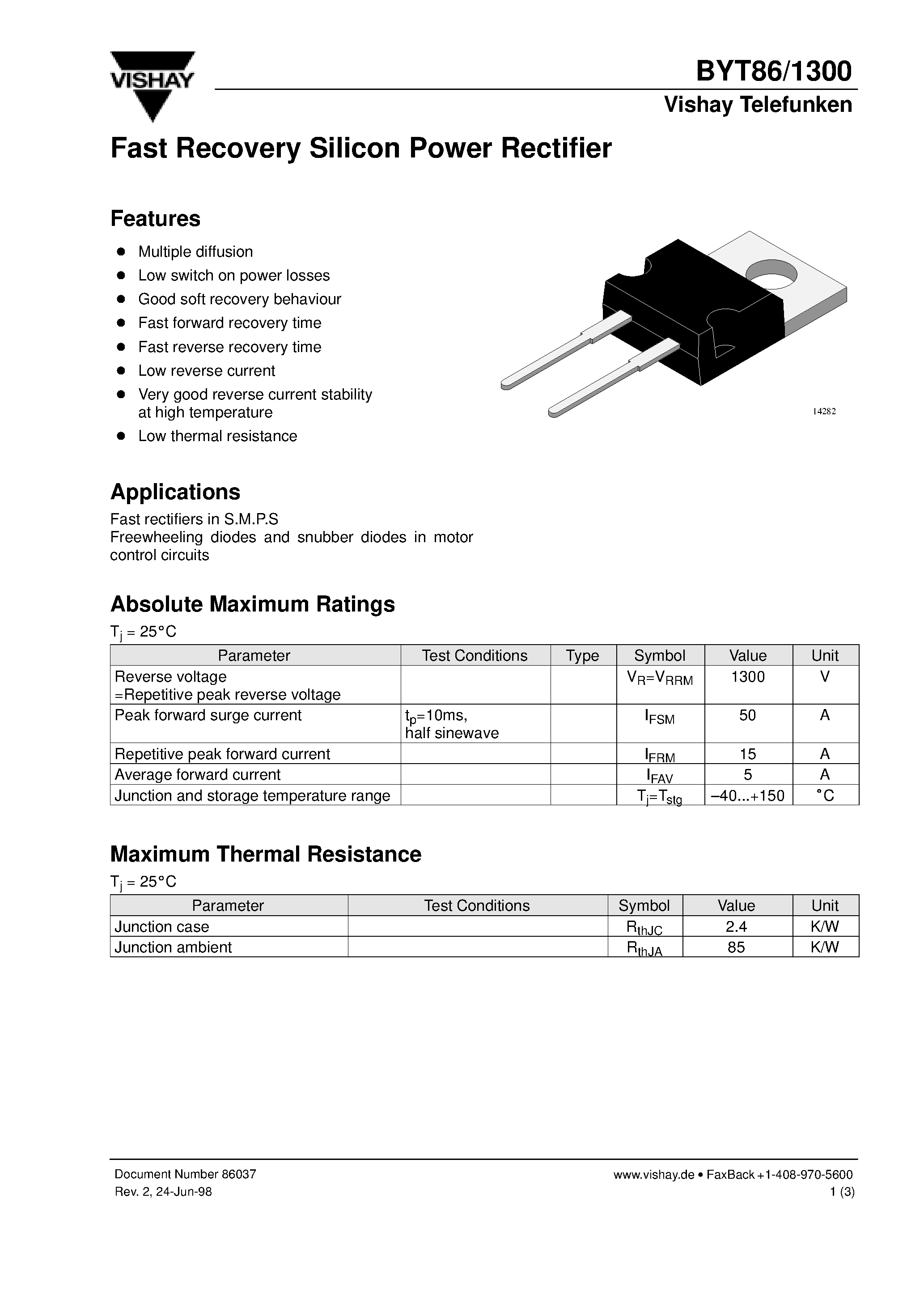 Datasheet BYT1300 page 1 Datasheet BYT1300 - Fast Recovery Silicon Power Rectifier page 1