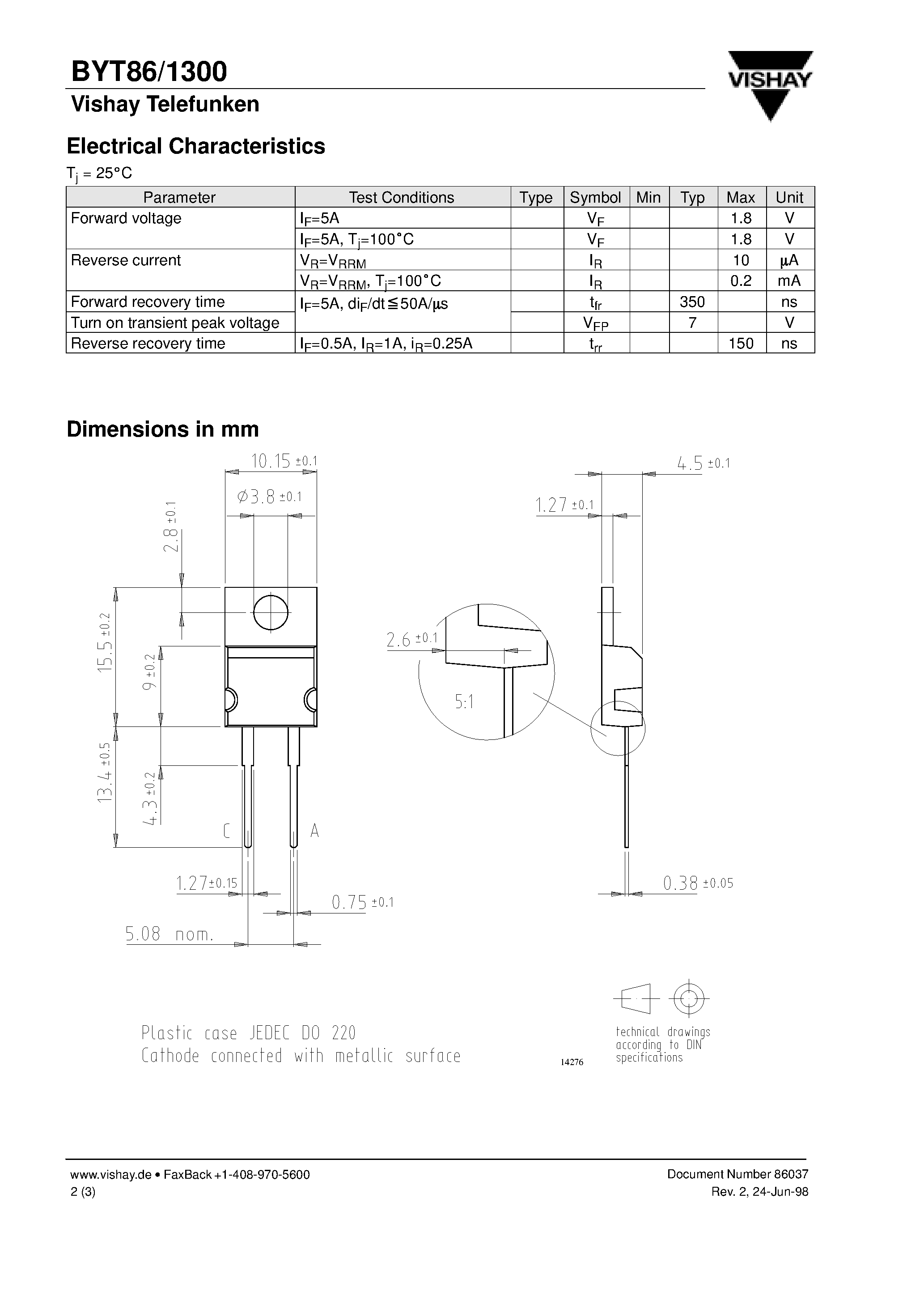 Datasheet BYT1300 page 2 Datasheet BYT1300 - Fast Recovery Silicon Power Rectifier page 2