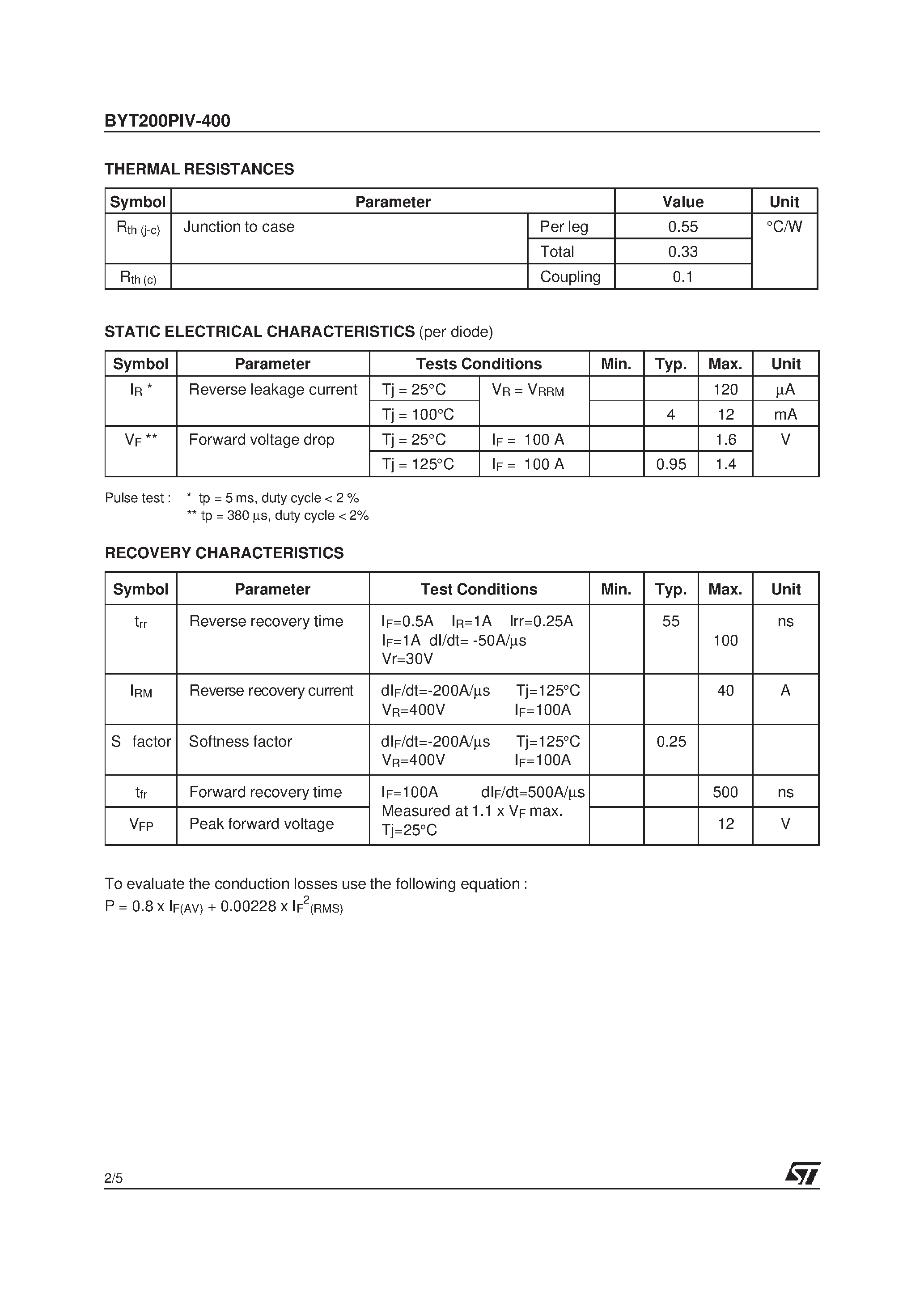 Datasheet BYT200PIV-400 page 2 Datasheet BYT200PIV-400 - ULTRAFAST POWER RECTIFIER DIODE page 2