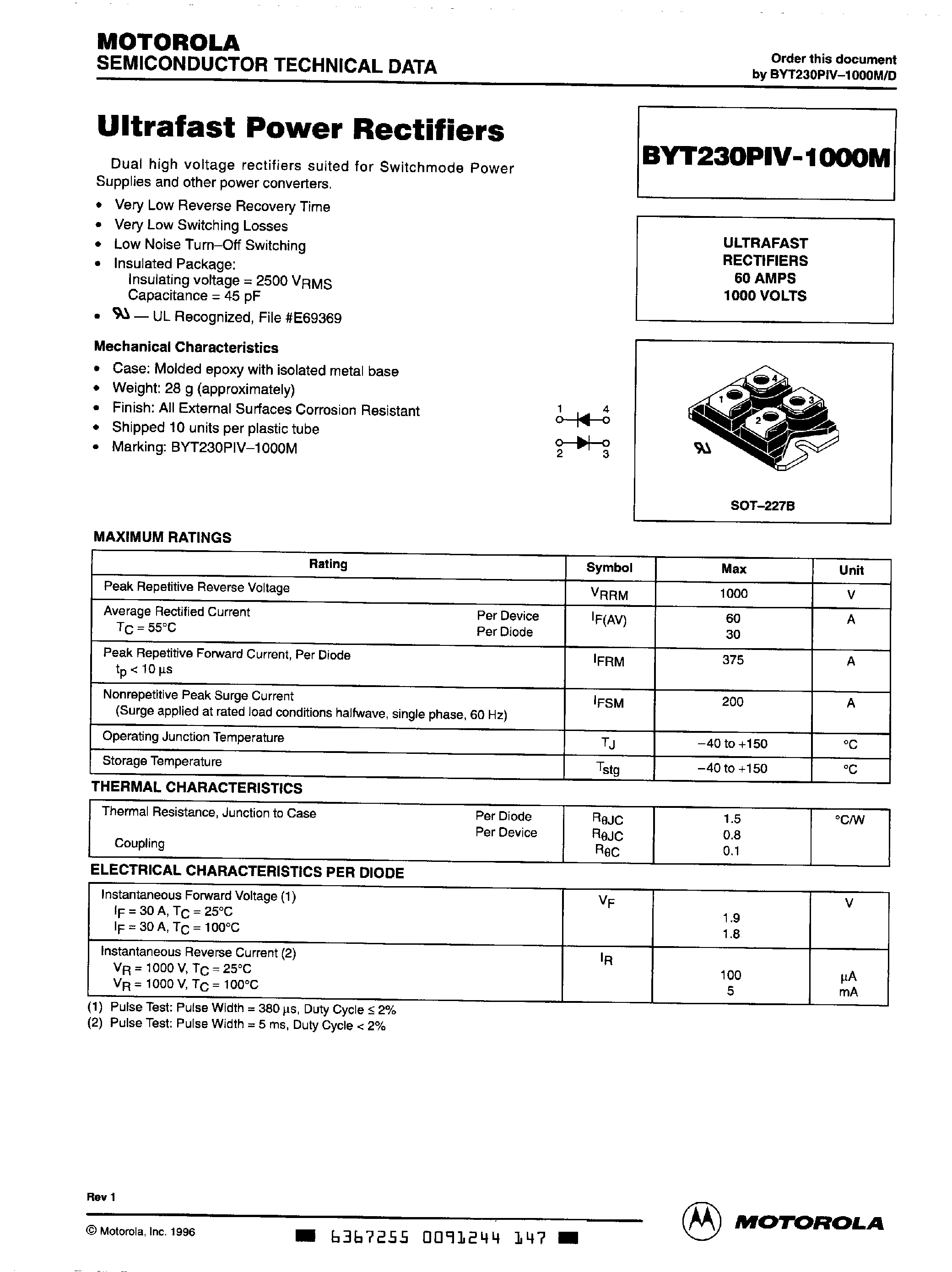 Datasheet BYT230PIV-1000M page 1 Datasheet BYT230PIV-1000M - Ultrafast Power Rectifiers page 1