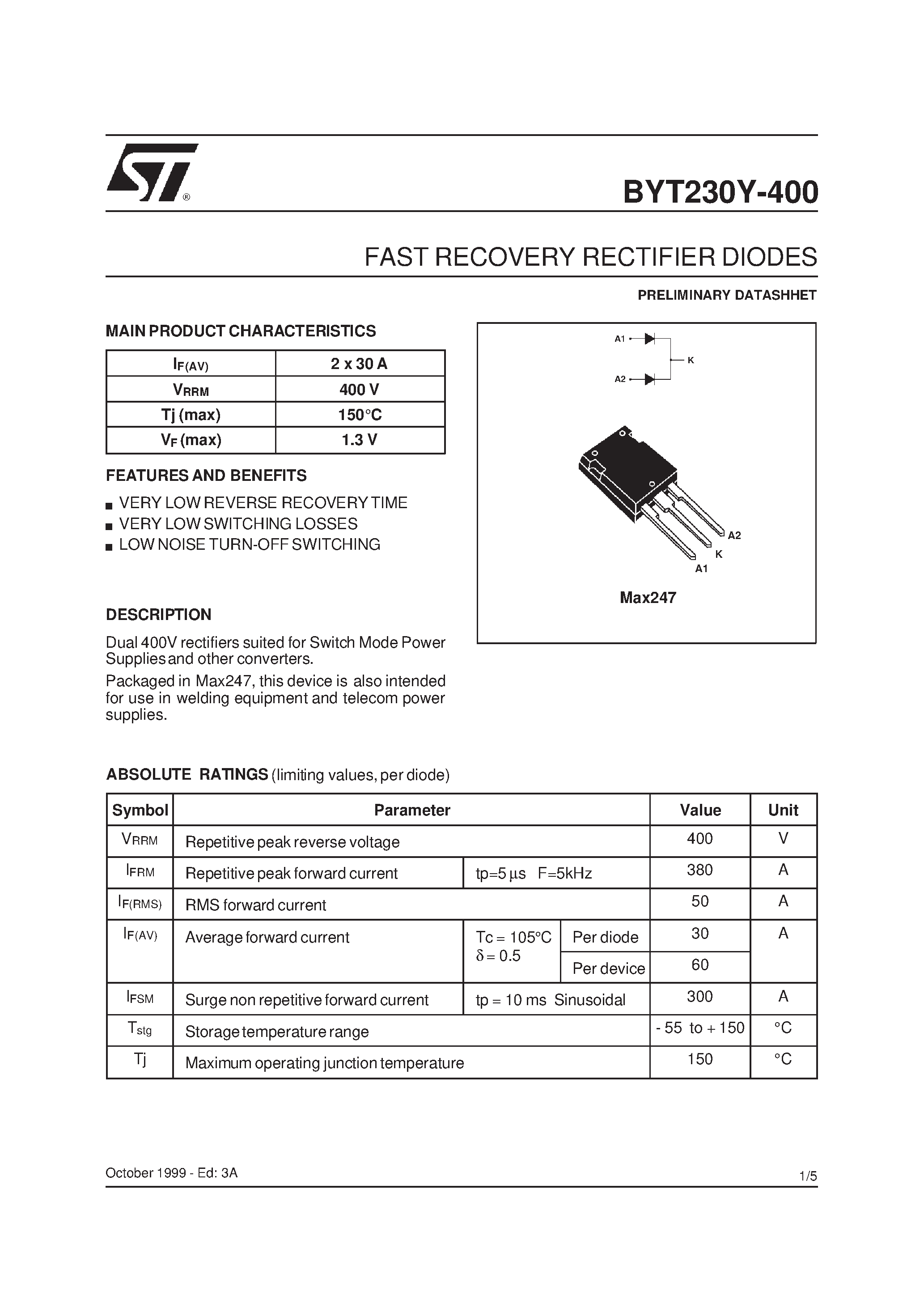 Datasheet BYT230Y-400 - FAST RECOVERY RECTIFIER DIODES page 1