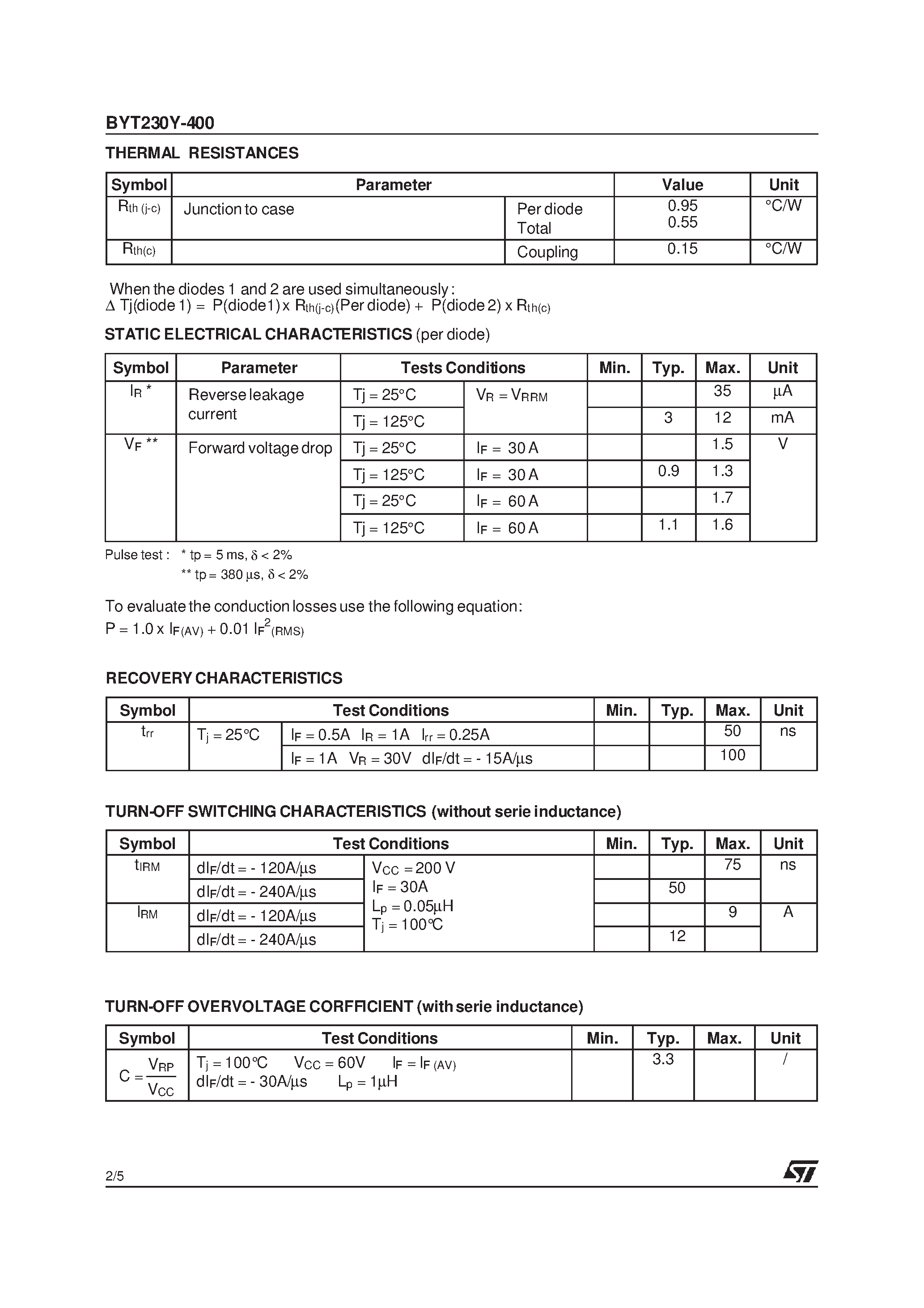 Datasheet BYT230Y-400 - FAST RECOVERY RECTIFIER DIODES page 2