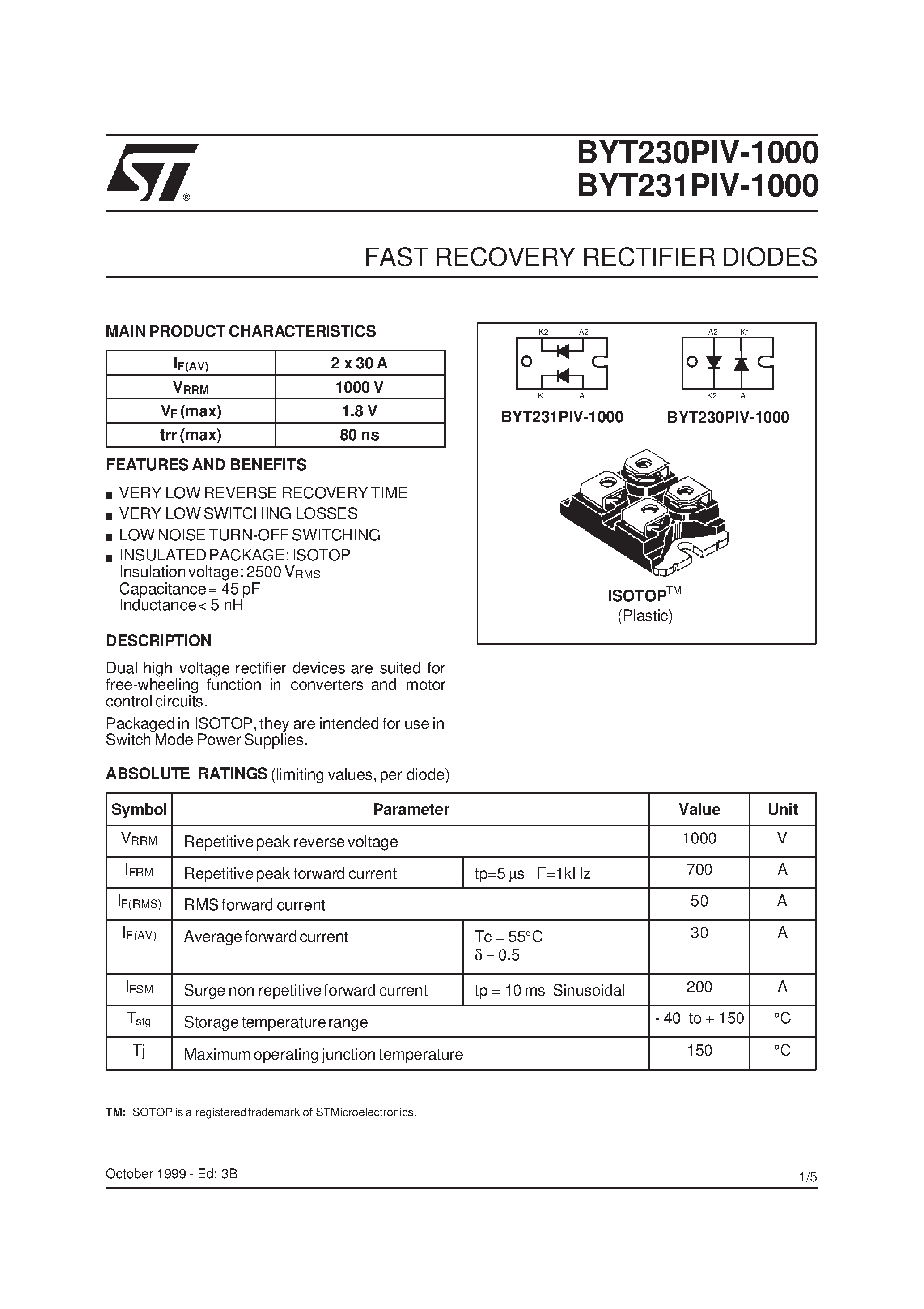 Datasheet BYT231PIV-1000 - FAST RECOVERY RECTIFIER DIODES page 1