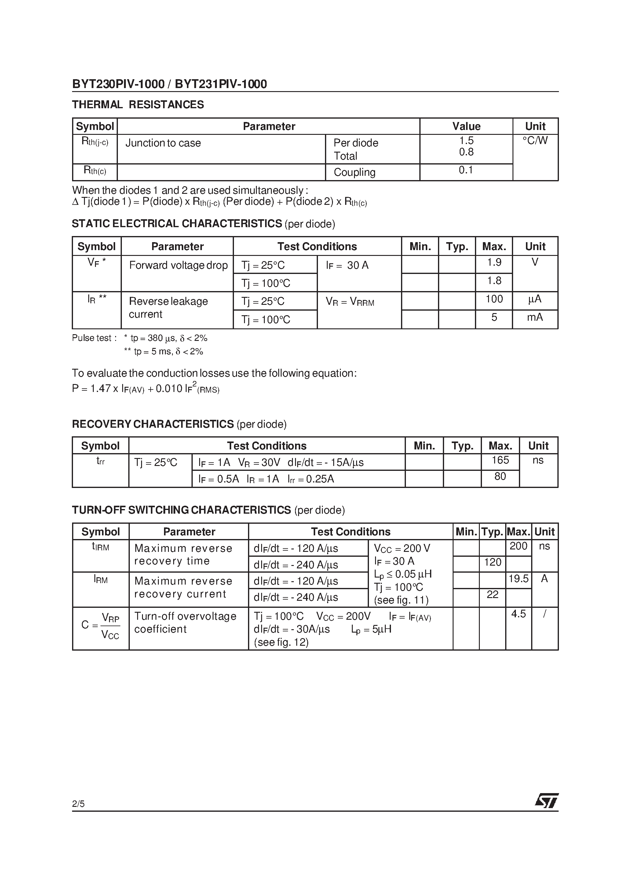 Datasheet BYT231PIV-1000 - FAST RECOVERY RECTIFIER DIODES page 2