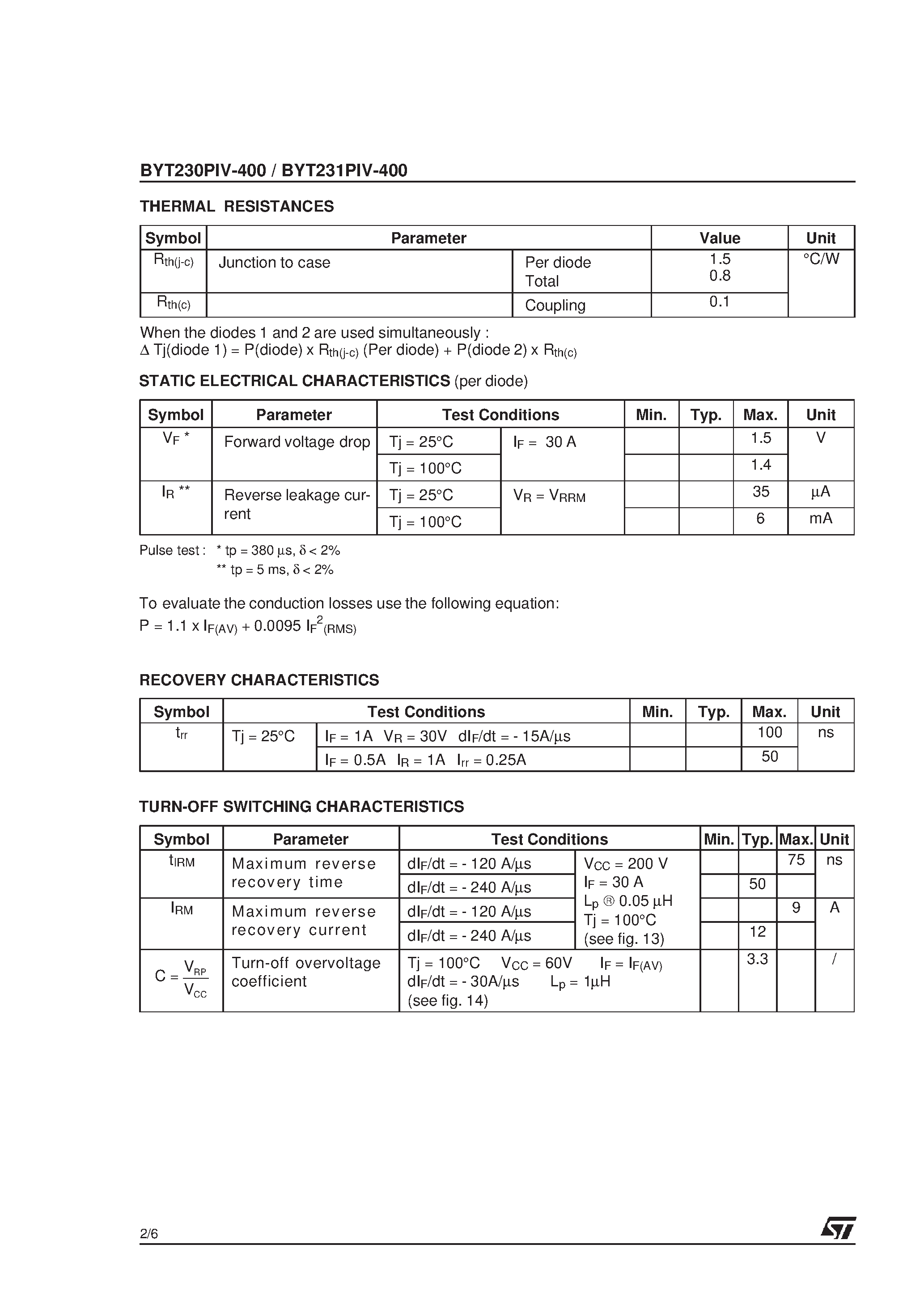 Datasheet BYT231PIV-400 page 2 Datasheet BYT231PIV-400 - FAST RECOVERY RECTIFIER DIODES page 2