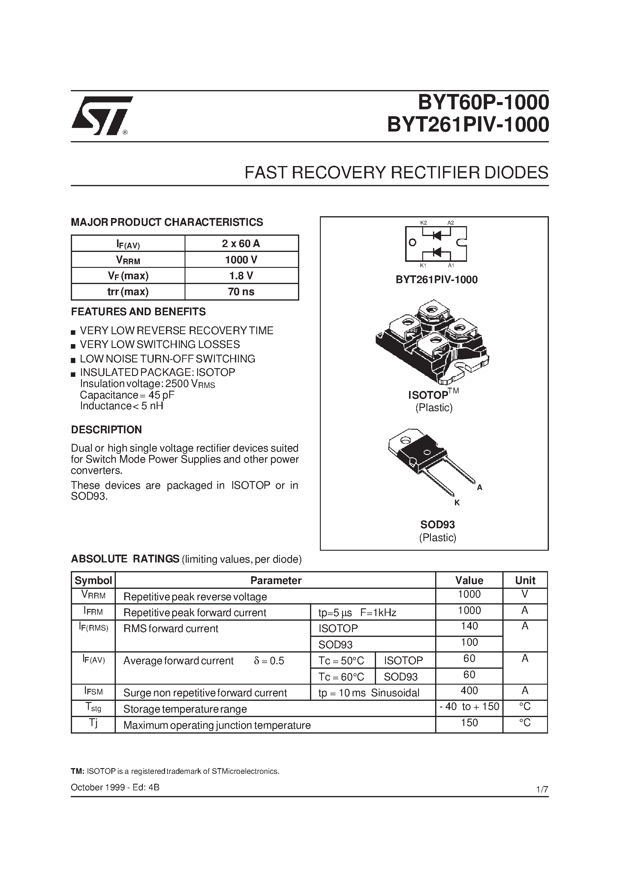 Datasheet BYT261PIV-1000 page 1 Datasheet BYT261PIV-1000 - FAST RECOVERY RECTIFIER DIODES page 1