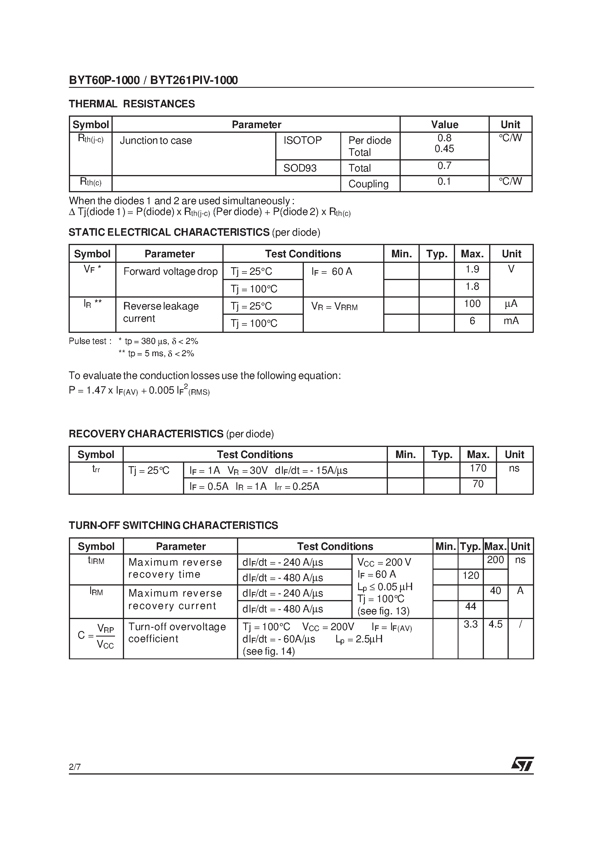 Datasheet BYT261PIV-1000 page 2 Datasheet BYT261PIV-1000 - FAST RECOVERY RECTIFIER DIODES page 2