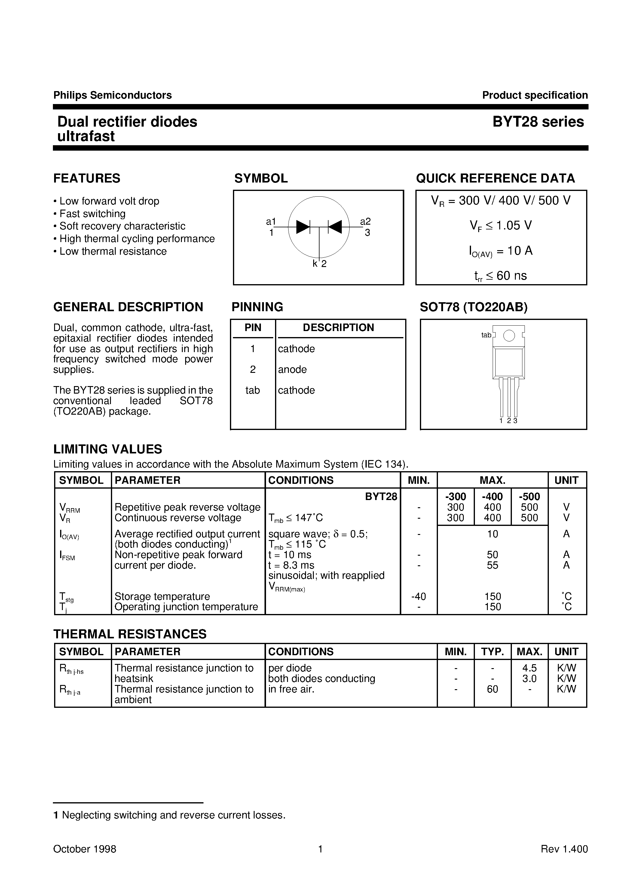 Datasheet BYT28-500 page 1 Datasheet BYT28-500 - Dual rectifier diodes ultrafast page 1