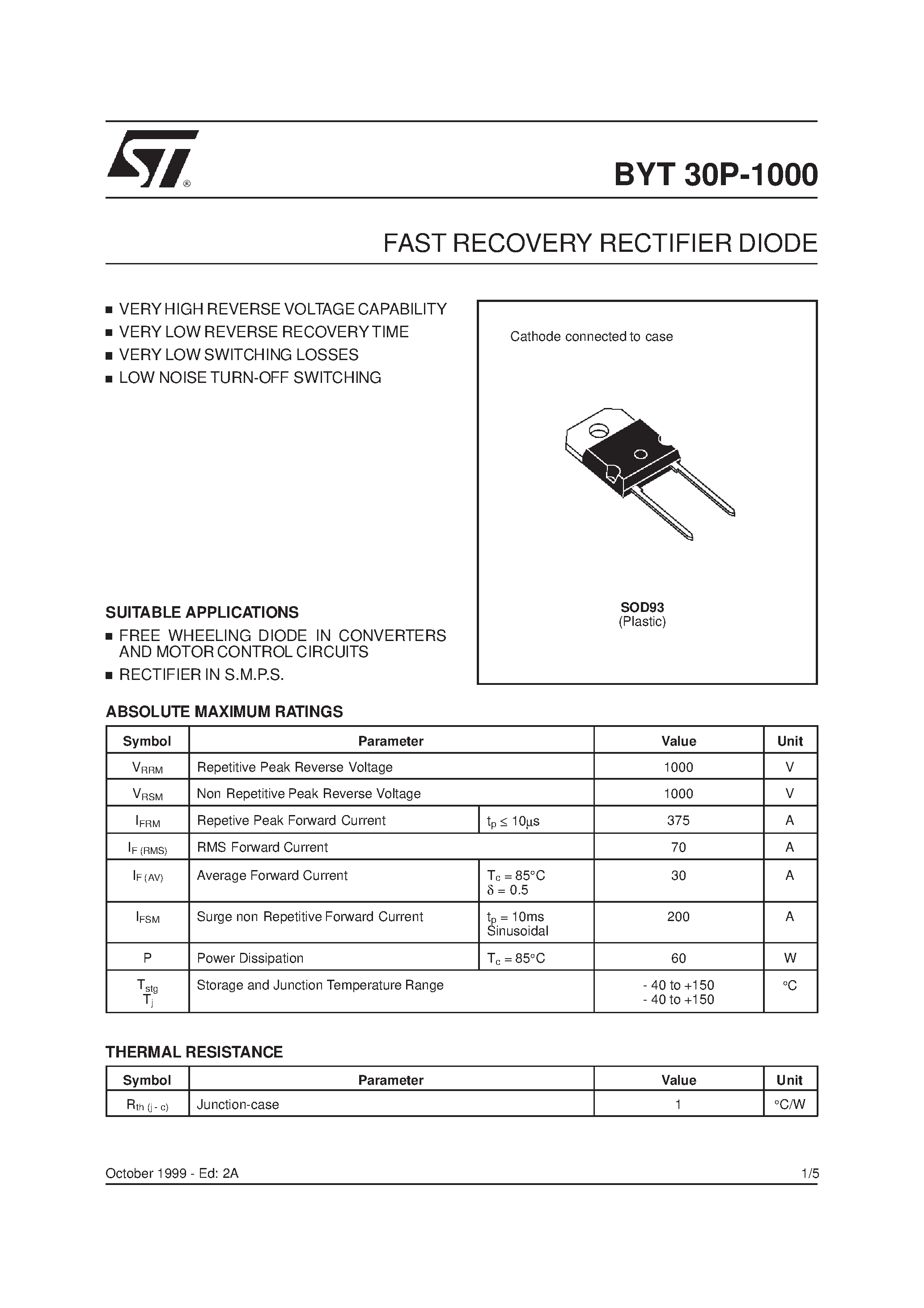 Datasheet BYT30P-1000 page 1 Datasheet BYT30P-1000 - FAST RECOVERY RECTIFIER DIODE page 1