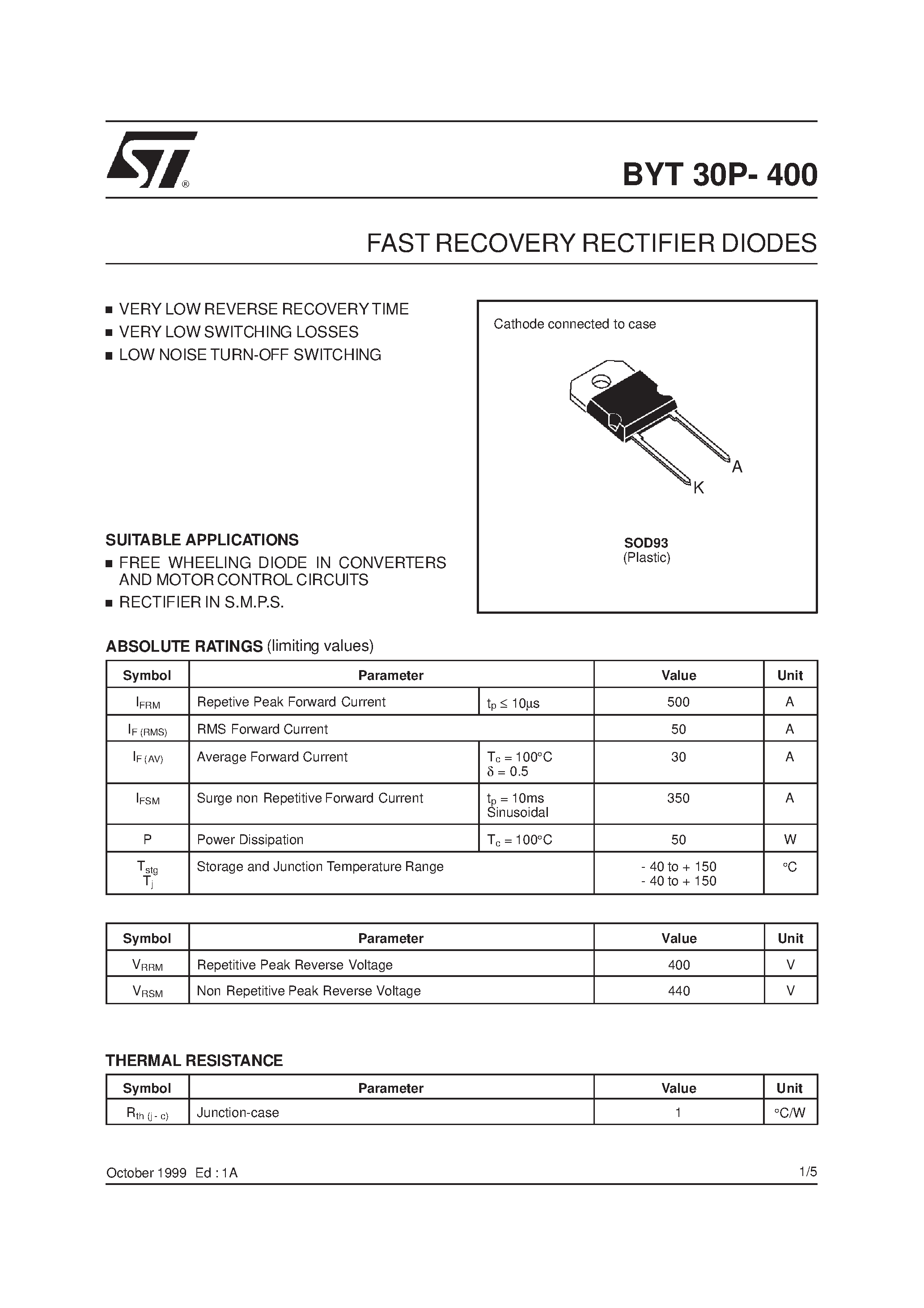 Datasheet BYT30P-400 page 1 Datasheet BYT30P-400 - FAST RECOVERY RECTIFIER DIODES page 1