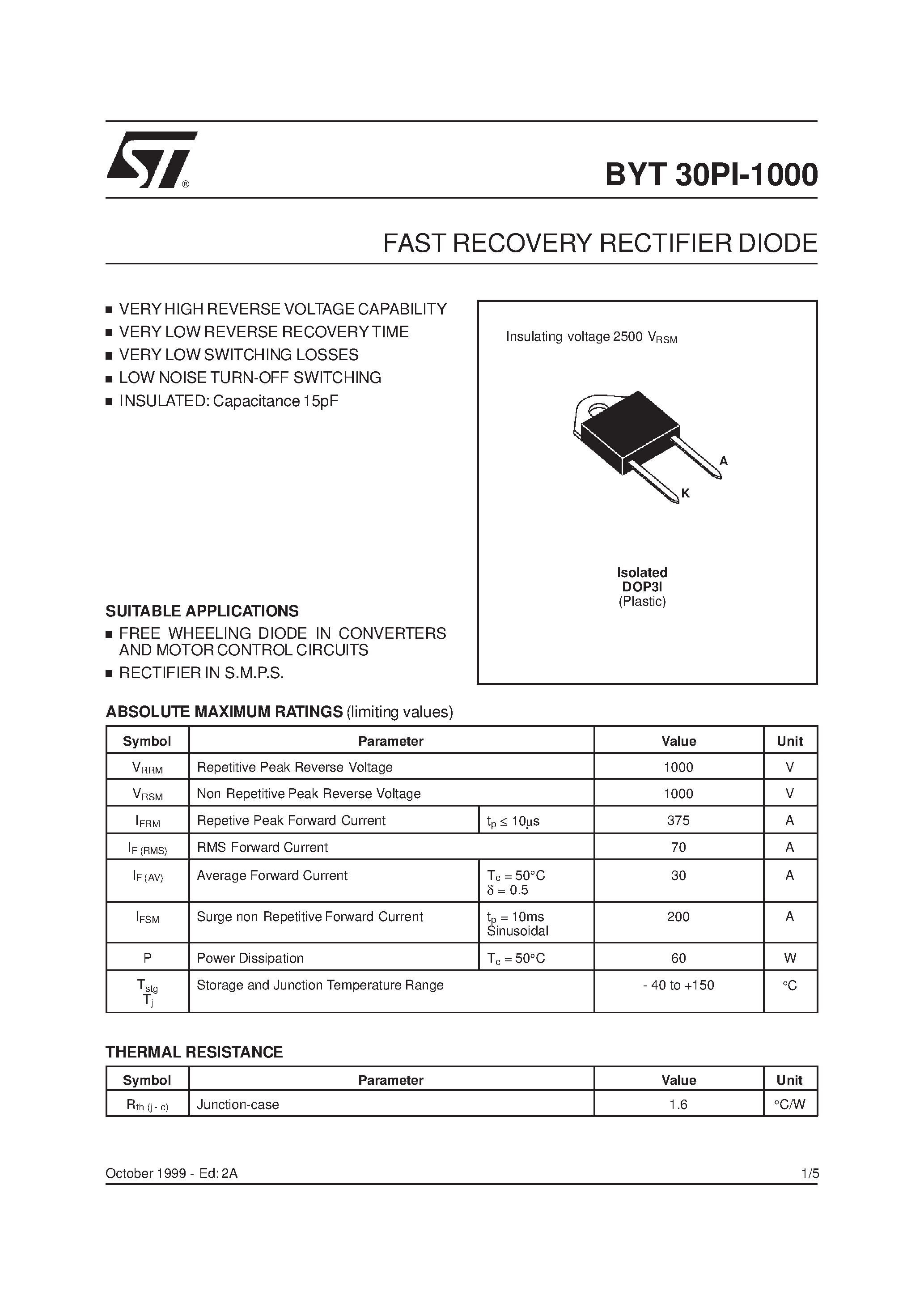 Datasheet BYT30PI page 1 Datasheet BYT30PI - FAST RECOVERY RECTIFIER DIODE page 1