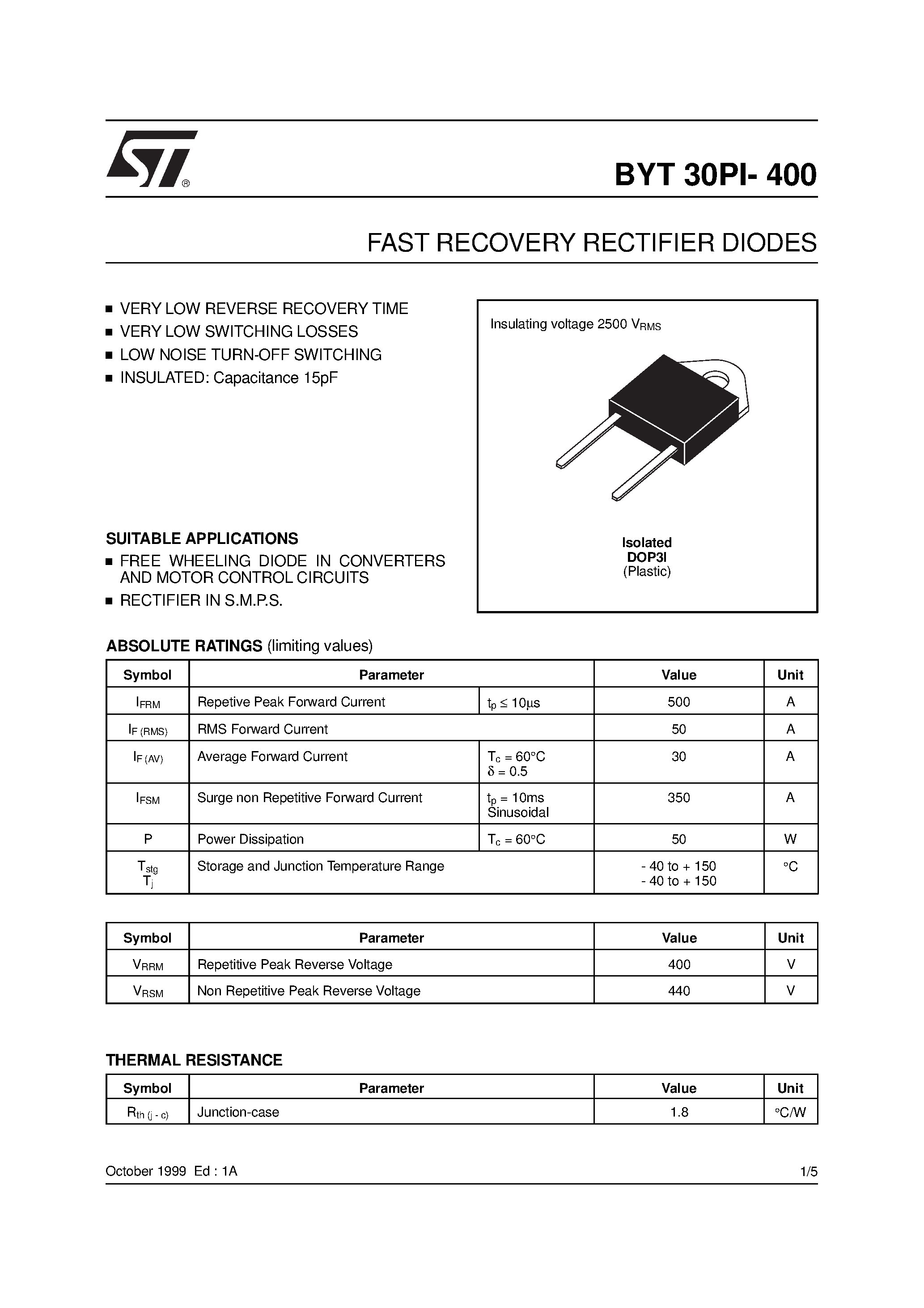 Datasheet BYT30PI-400 page 1 Datasheet BYT30PI-400 - FAST RECOVERY RECTIFIER DIODES page 1