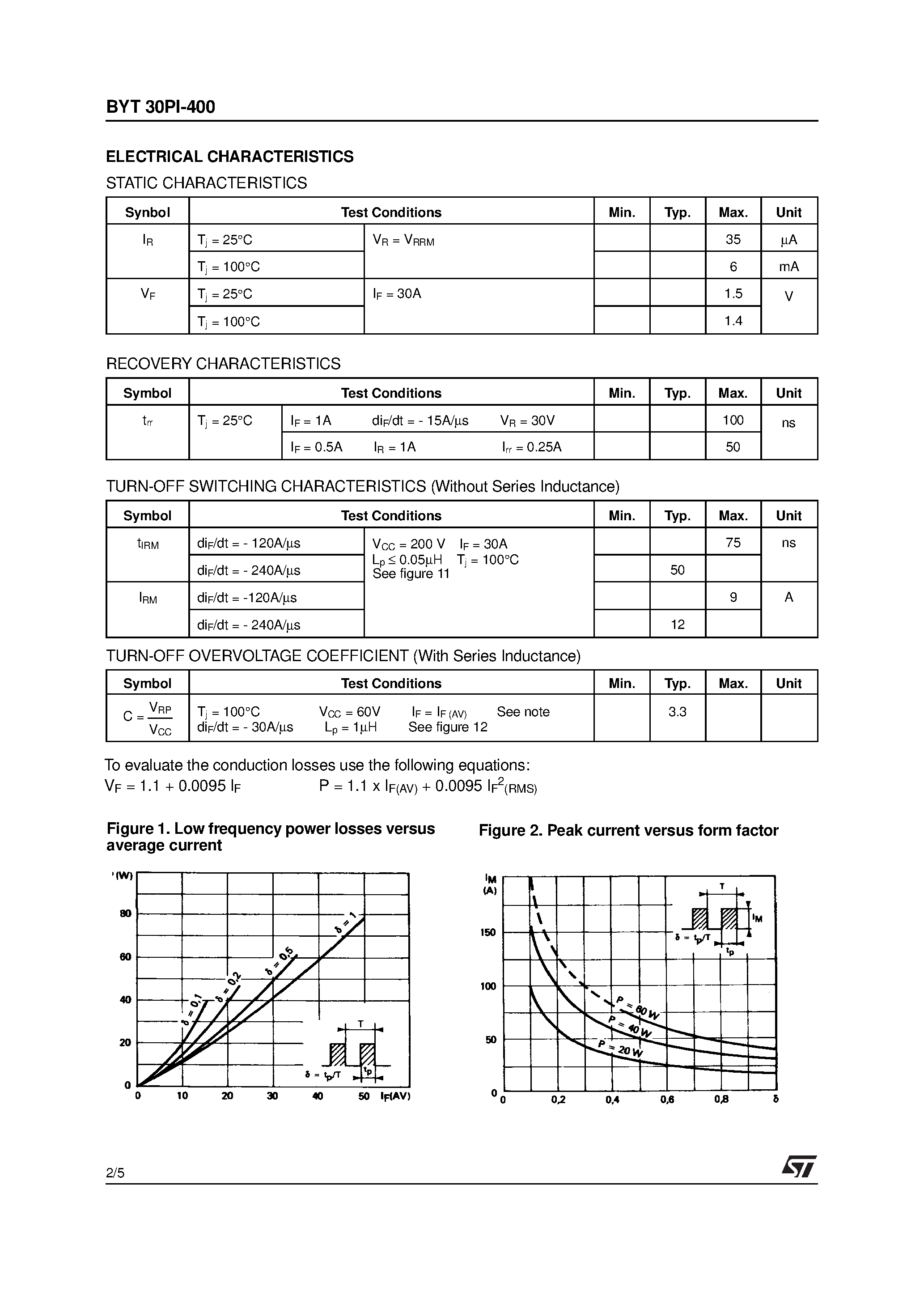Datasheet BYT30PI-400 page 2 Datasheet BYT30PI-400 - FAST RECOVERY RECTIFIER DIODES page 2