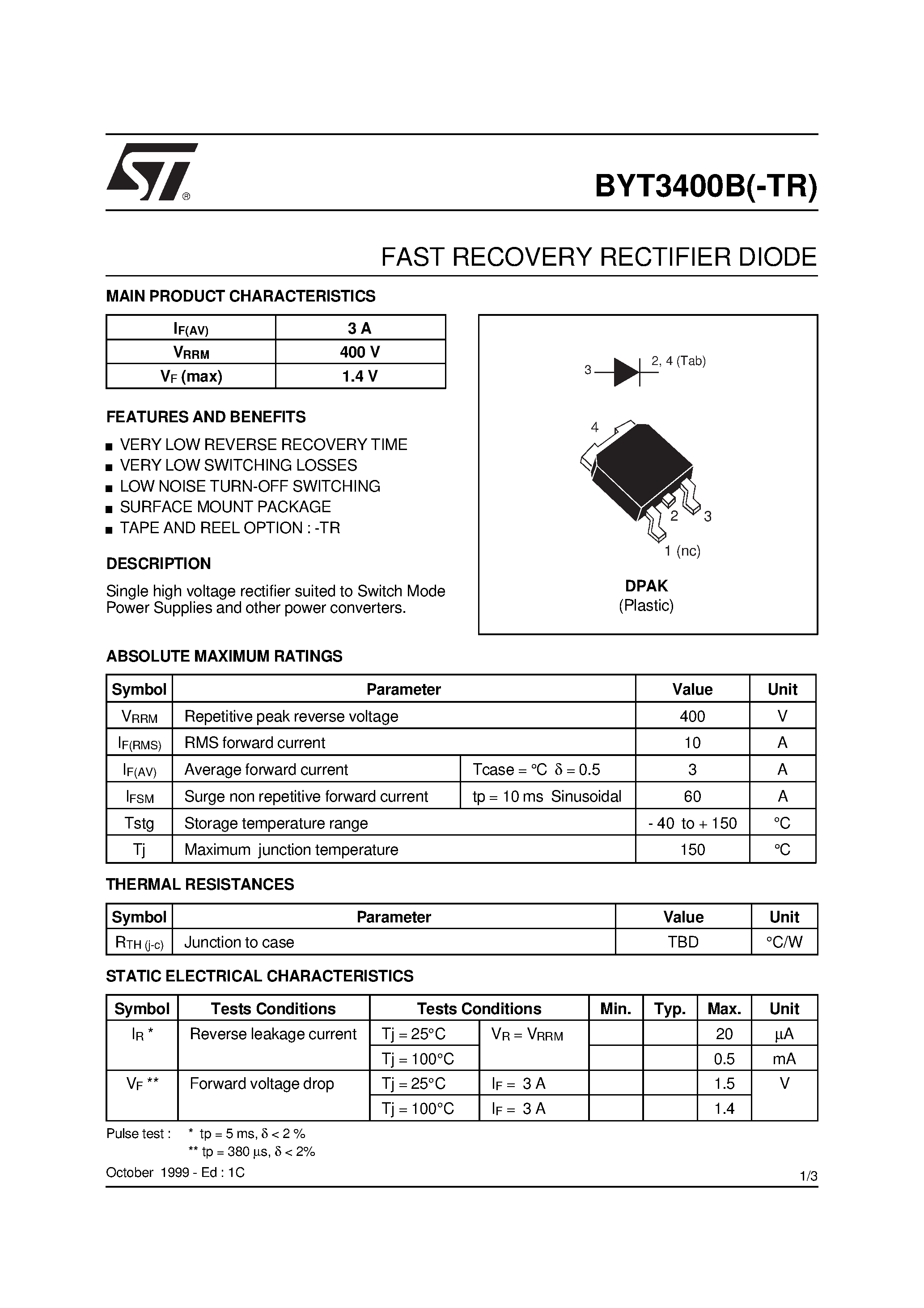 Datasheet BYT3400B page 1 Datasheet BYT3400B - FAST RECOVERY RECTIFIER DIODE page 1