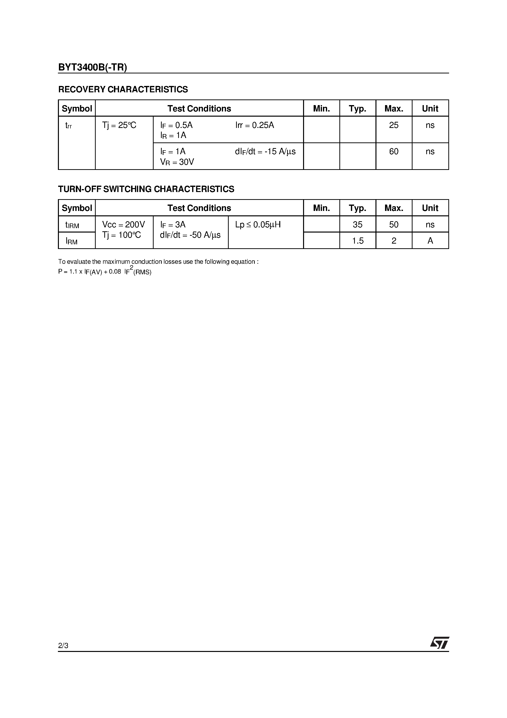 Datasheet BYT3400B page 2 Datasheet BYT3400B - FAST RECOVERY RECTIFIER DIODE page 2