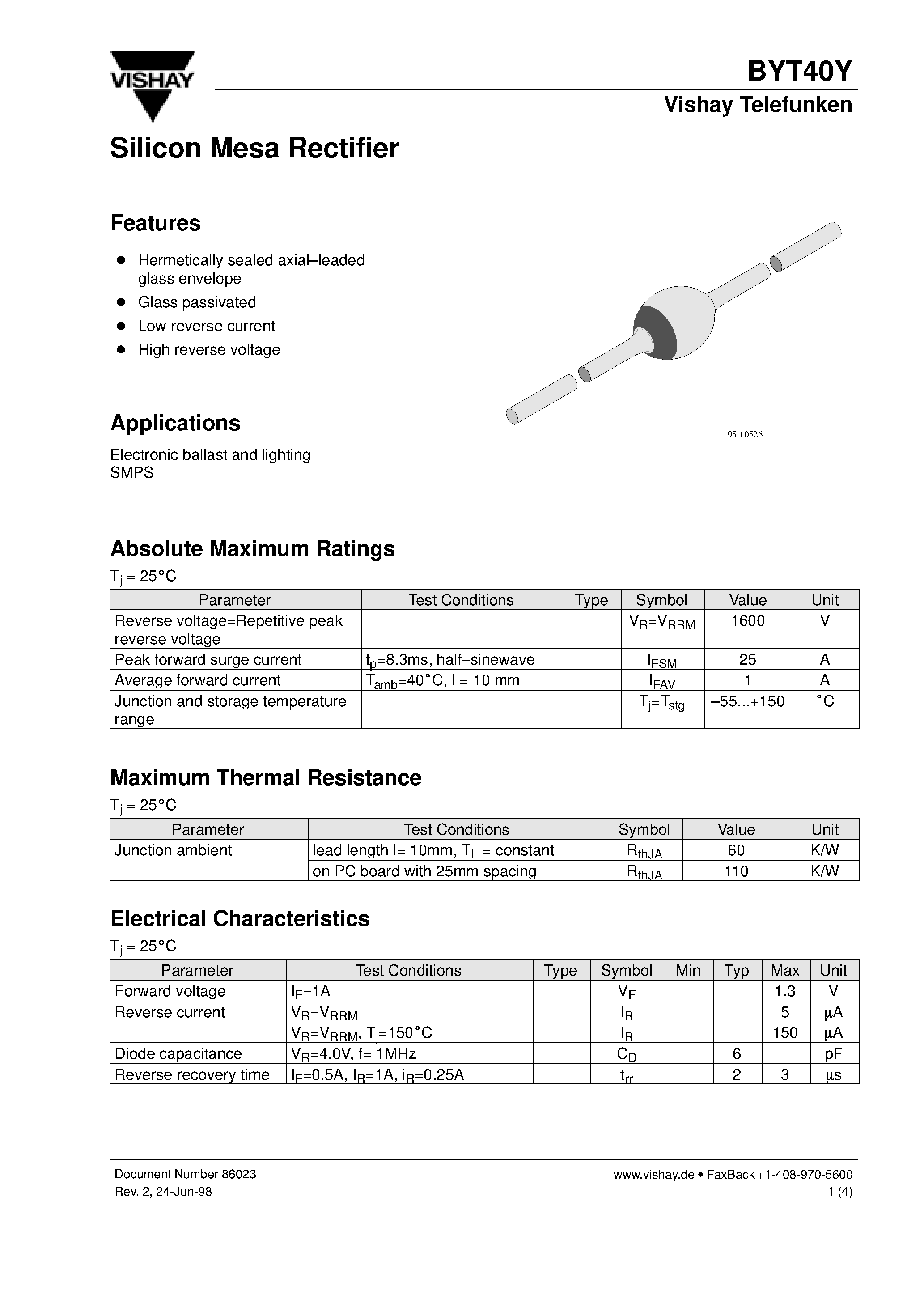 Datasheet BYT40Y page 1 Datasheet BYT40Y - Silicon Mesa Rectifier page 1