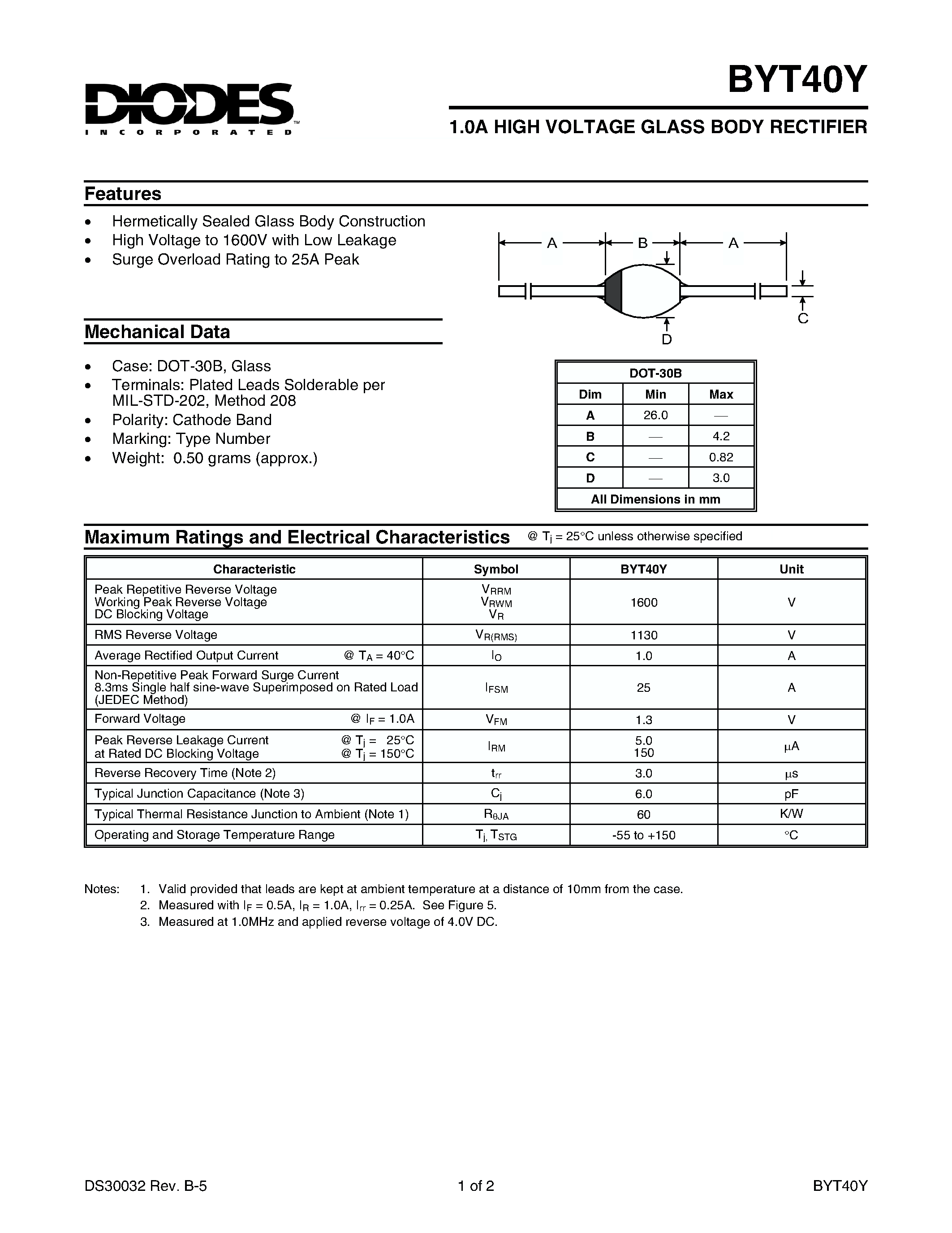 Datasheet BYT40Y page 1 Datasheet BYT40Y - 1.0A HIGH VOLTAGE GLASS BODY RECTIFIER page 1
